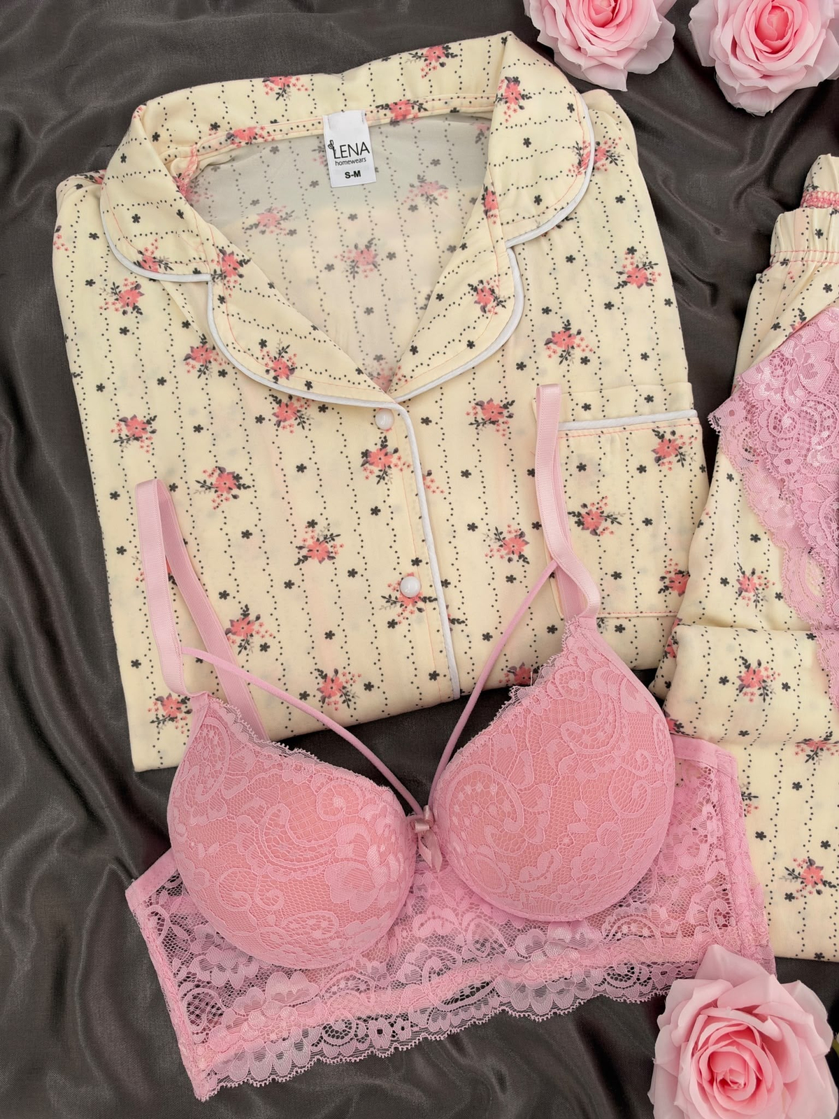 Pembe Çiçek Desenli Ekru Milan Uzun Kollu 4'lü Pijama Takımı