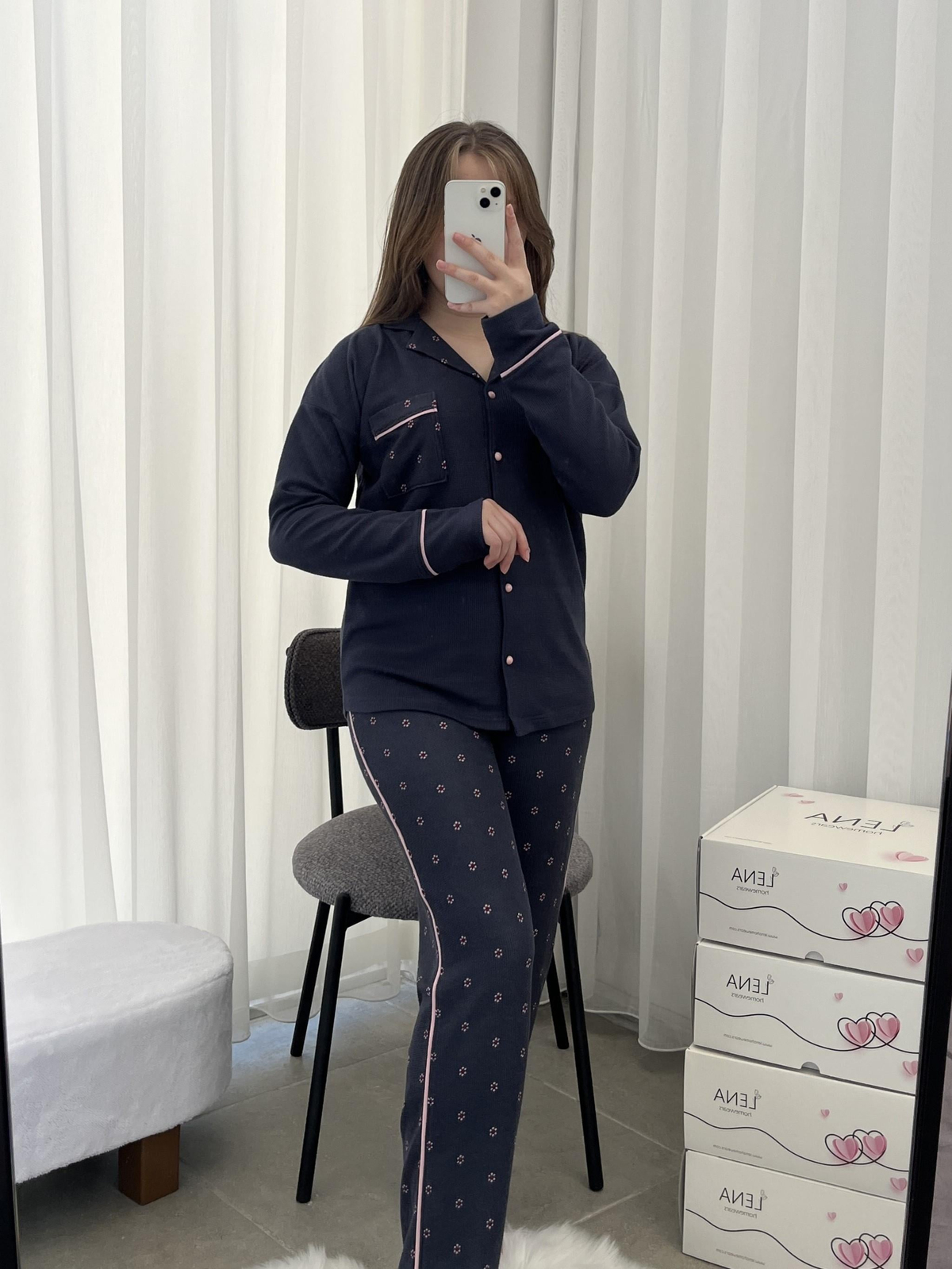 Pembe Çiçek Desenli Füme Waffle Premium Pijama Takımı