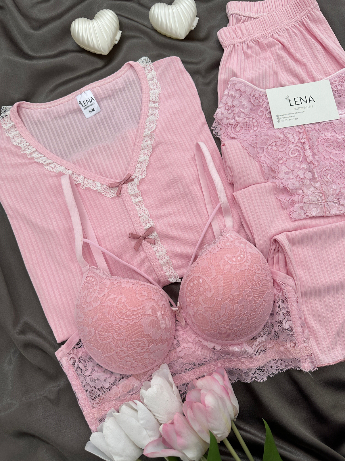 Pembe Dantel Detaylı 4'lü Berlin Pijama Takımı