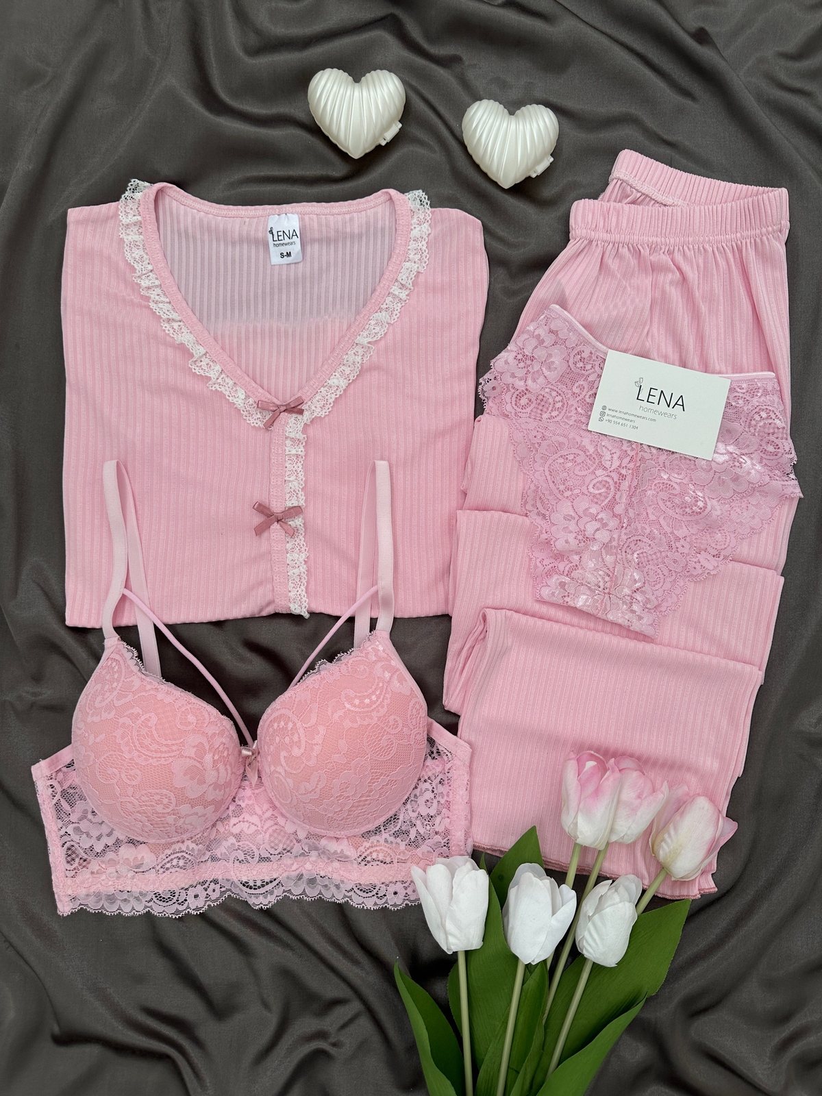 Pembe Dantel Detaylı 4'lü Berlin Pijama Takımı