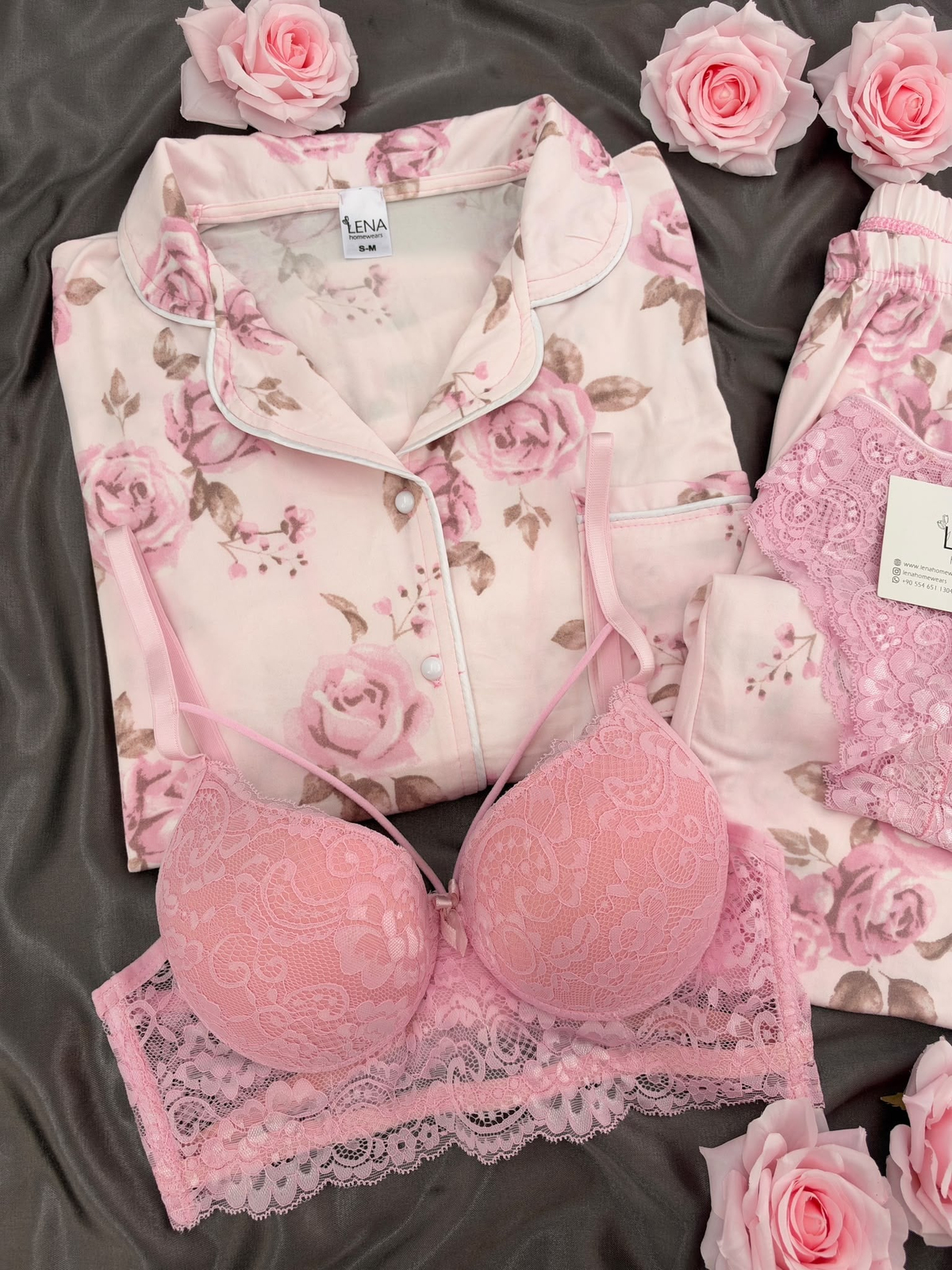 Pembe Gül Desenli Pudra Milan Uzun Kollu 4'lü Pijama Takımı