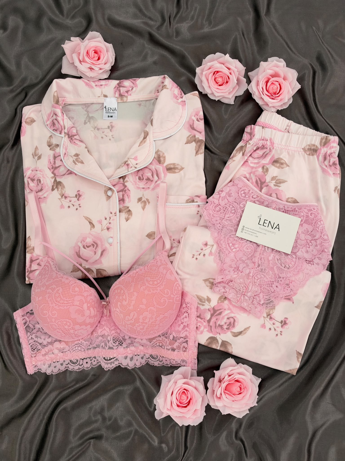 Pembe Gül Desenli Pudra Milan Uzun Kollu 4'lü Pijama Takımı