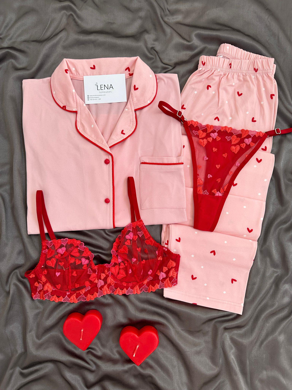 Pembe Kalp Desenli Dörtlü Pijama Seti