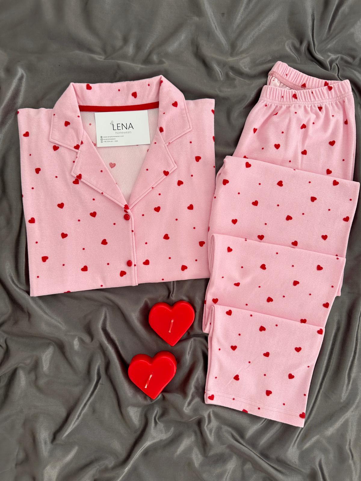 Pembe Kalp Desenli Düğmeli Termosoft Pijama Takımı