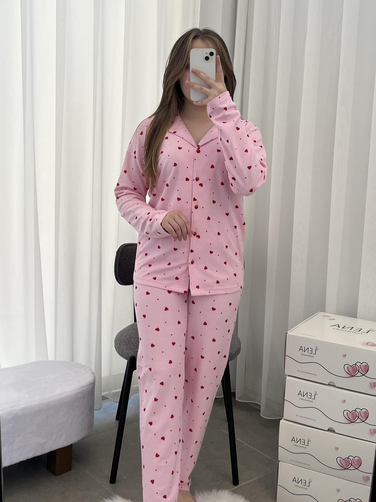 Pembe Kalp Desenli Düğmeli Termosoft Pijama Takımı