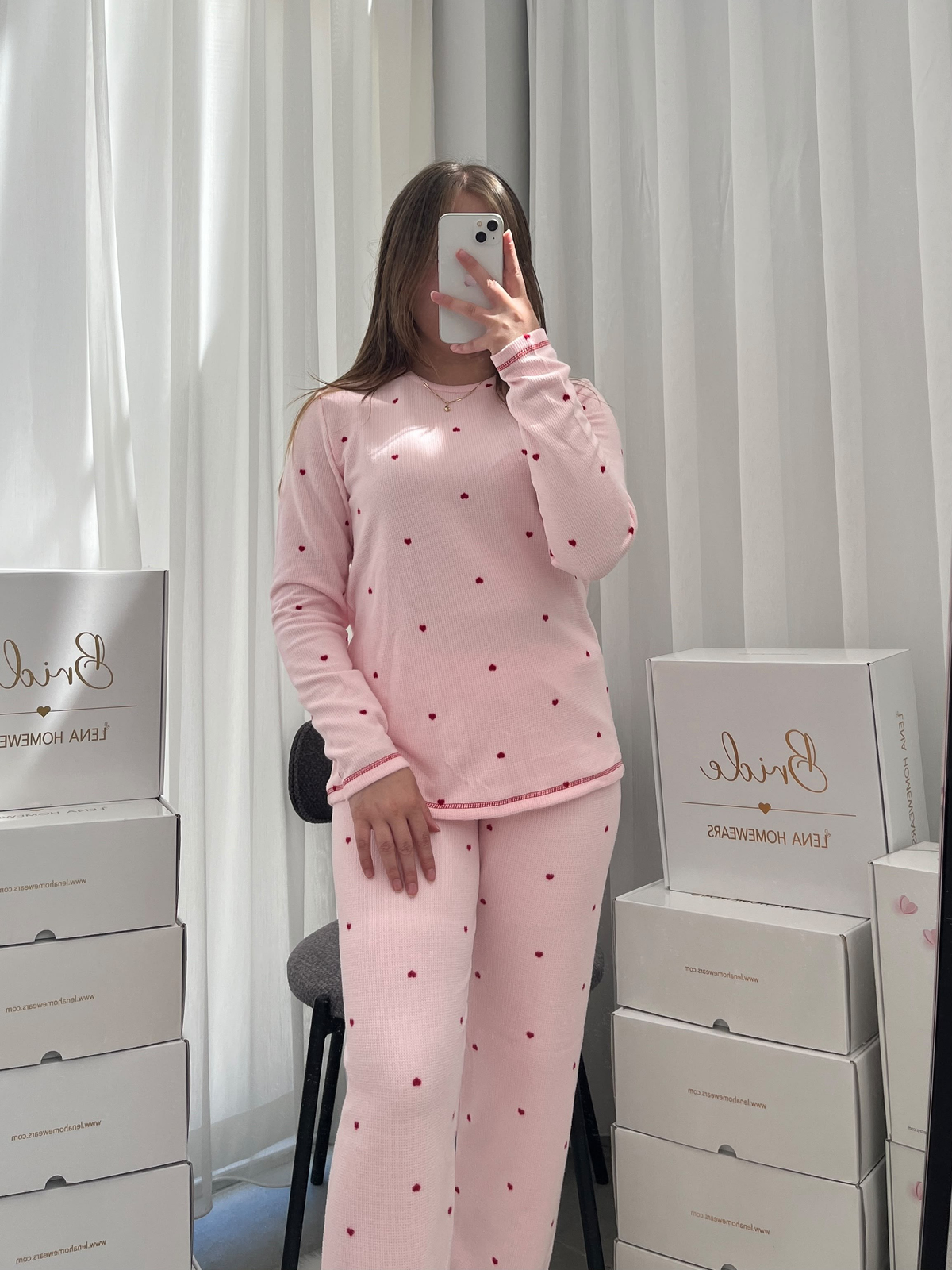 Pembe Kalp Desenli Waffle Pijama Takımı