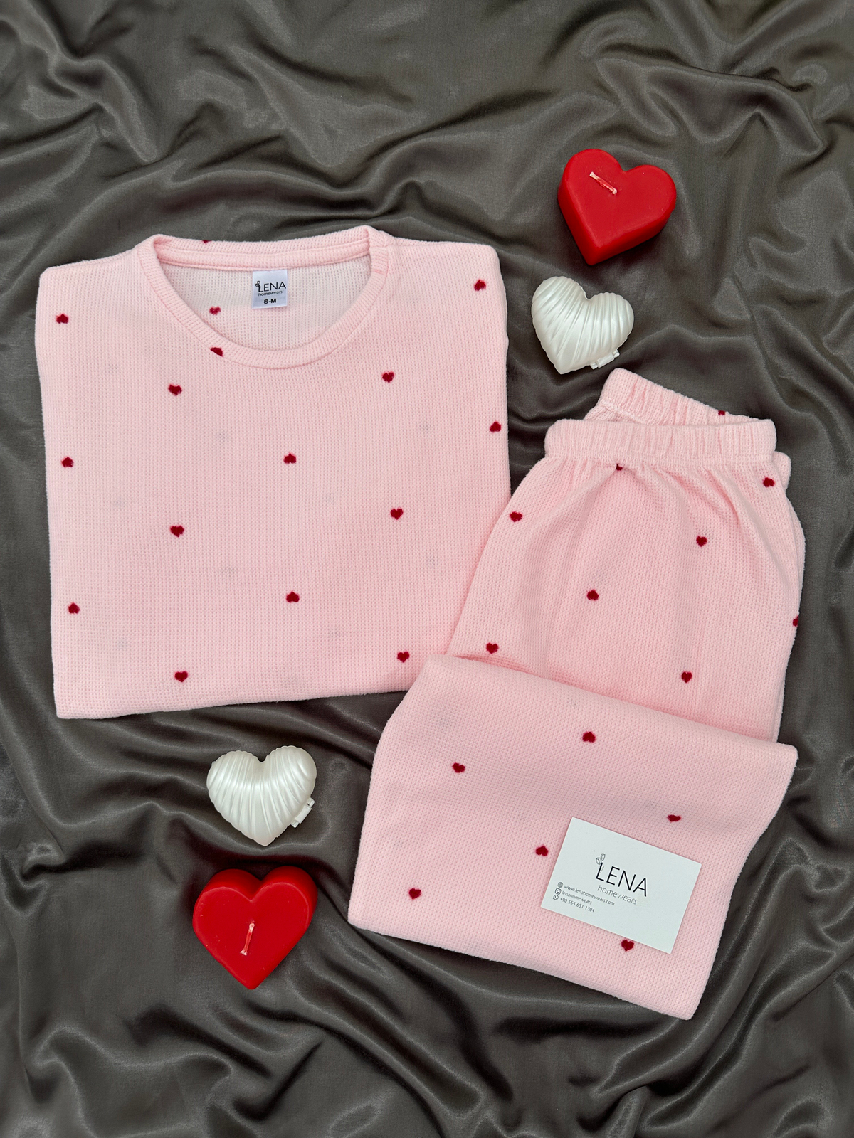 Pembe Kalp Desenli Waffle Pijama Takımı