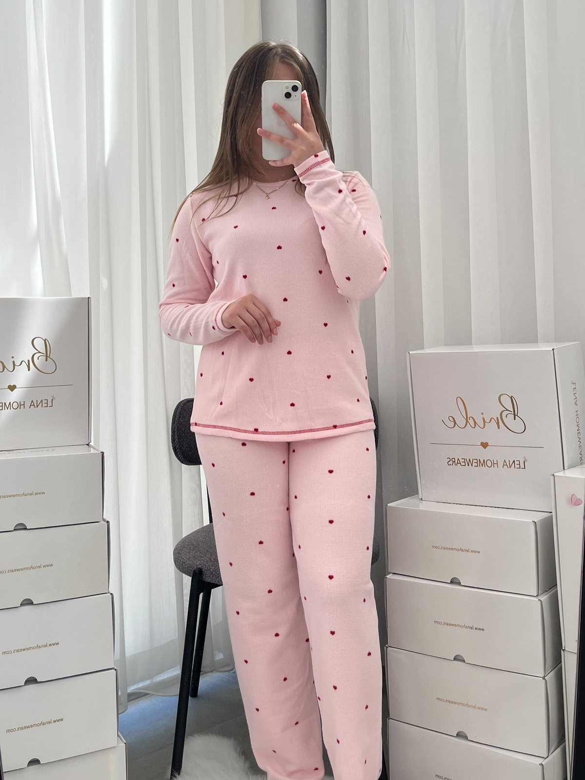 Pembe Kalp Desenli Waffle Pijama Takımı