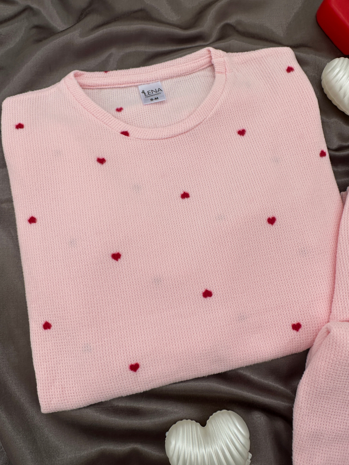 Pembe Kalp Desenli Waffle Pijama Takımı