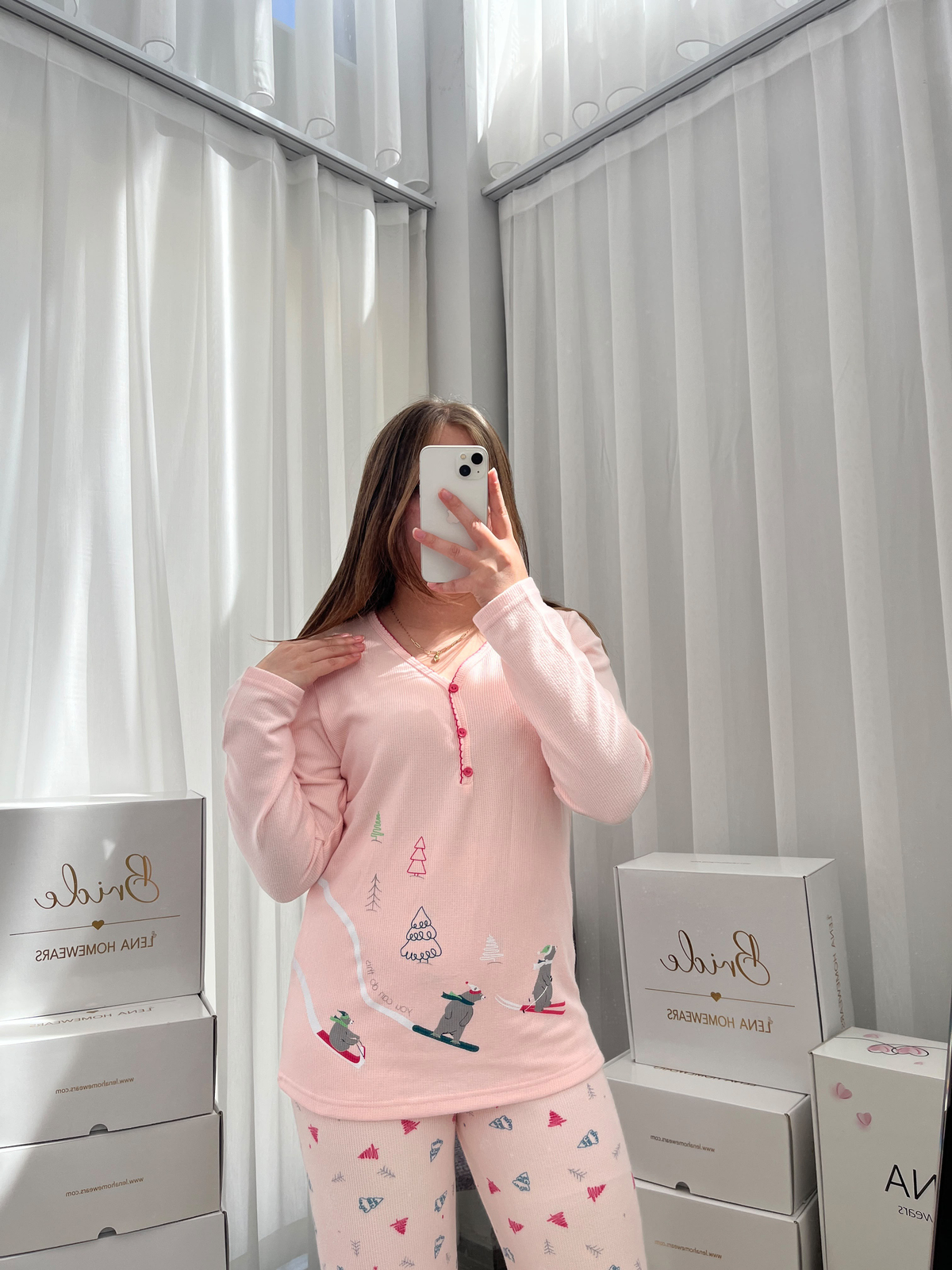Pembe Kayak Desenli Patlı Waffle Pijama Takımı