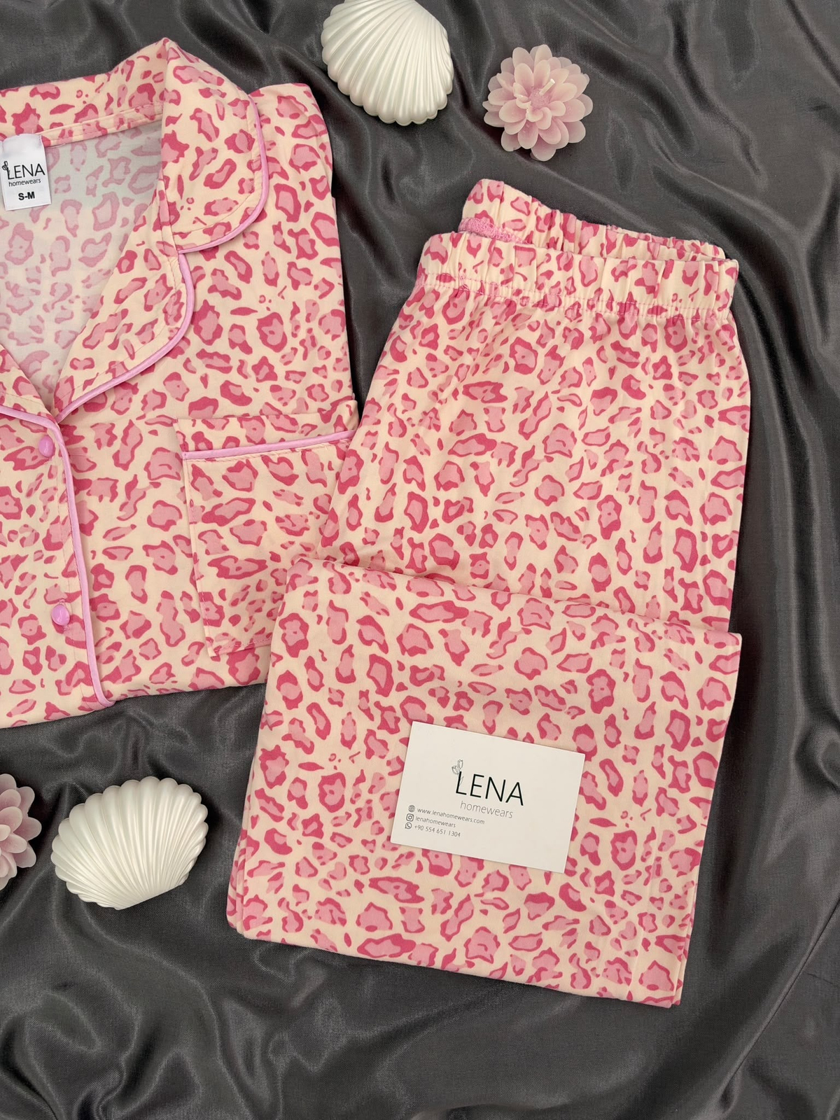 Pembe Leopar Desenli Ekru Milan Uzun Kollu Pijama Takımı