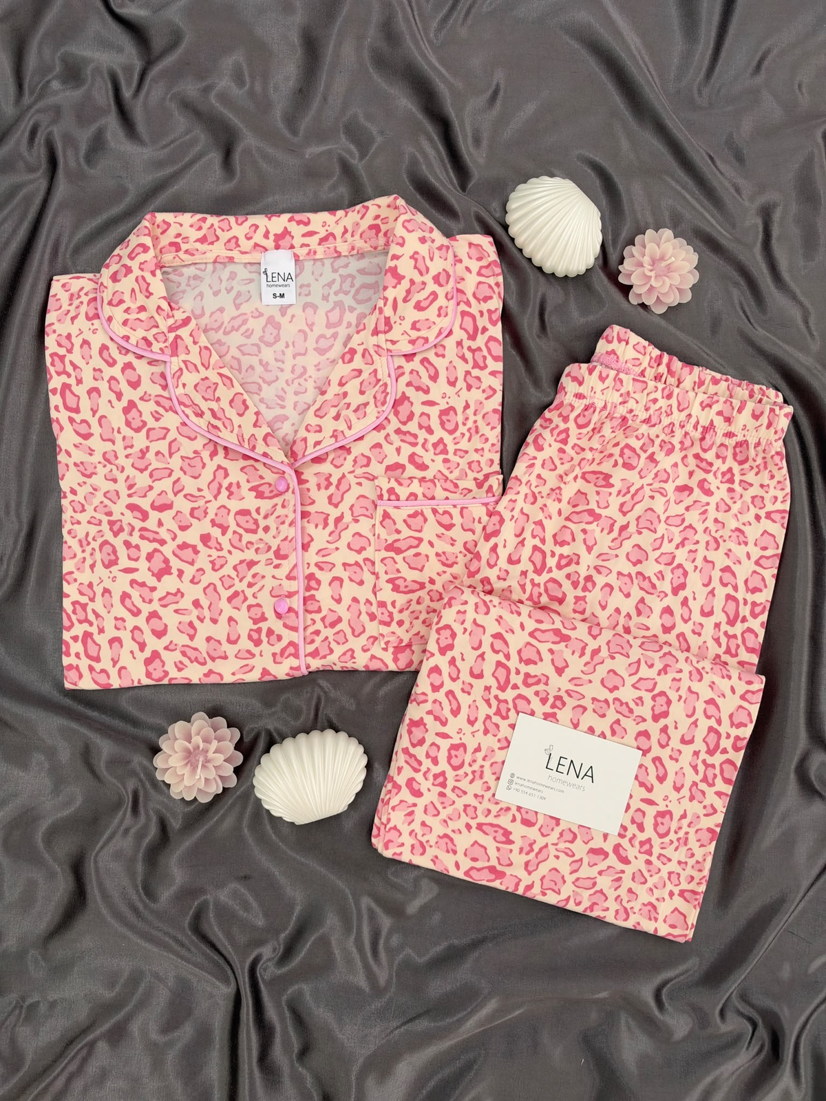 Pembe Leopar Desenli Ekru Milan Uzun Kollu Pijama Takımı