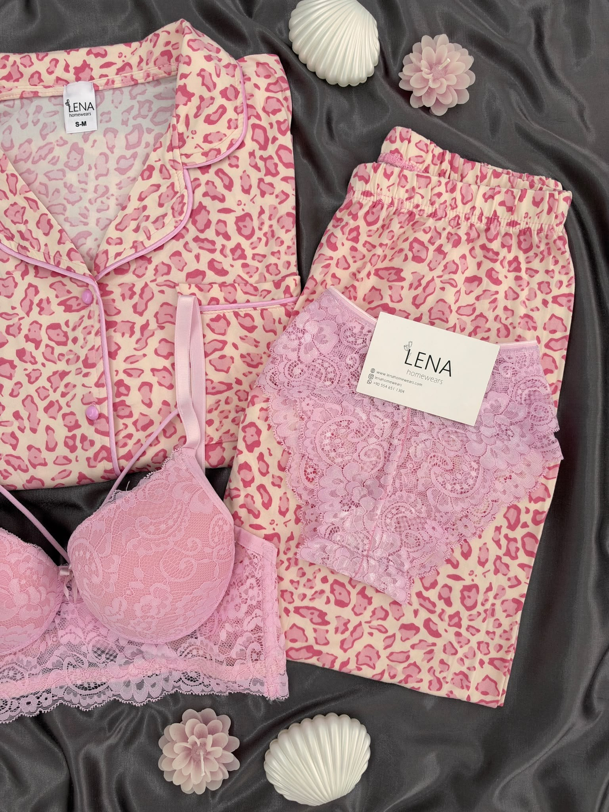 Pembe Leopar Desenli Ekru Milan Uzun Kollu Pijama Takımı