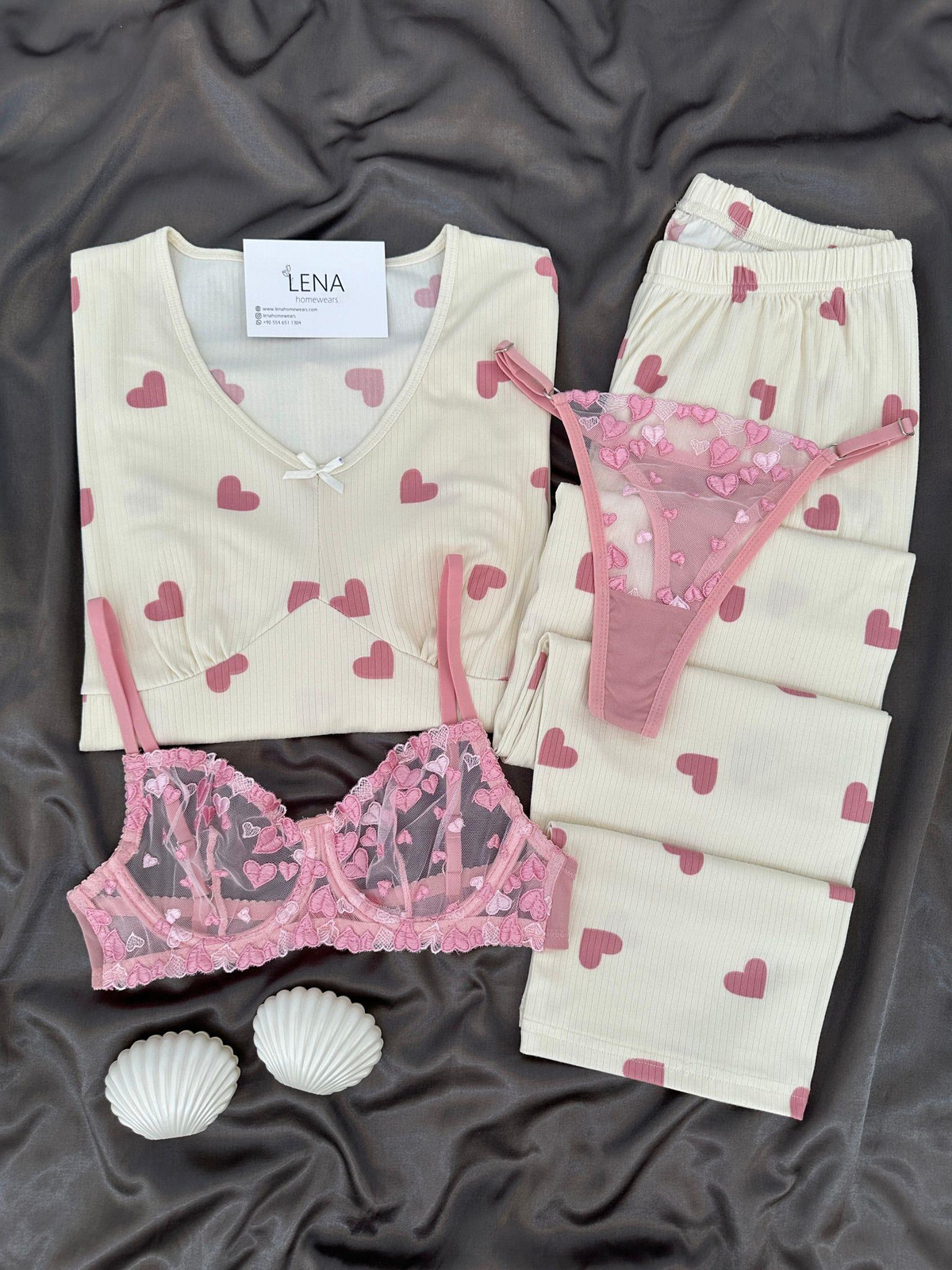 Pembe Marlyn Kalp Desenli Dörtlü Pijama Seti