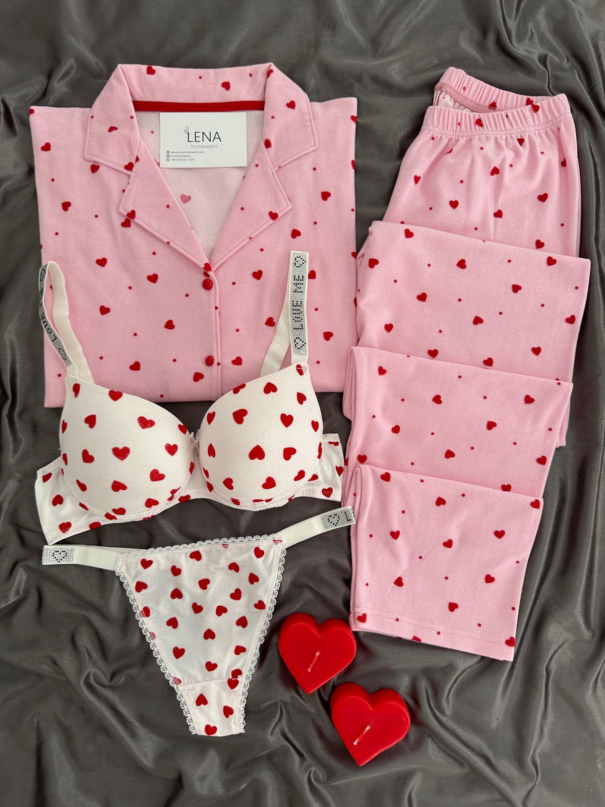 Pembe Süet Kalpli Dörtlü Pijama Seti