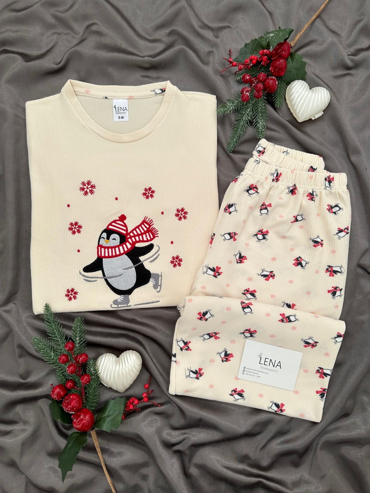 Penguen Desenli Waffle Pijama Takımı