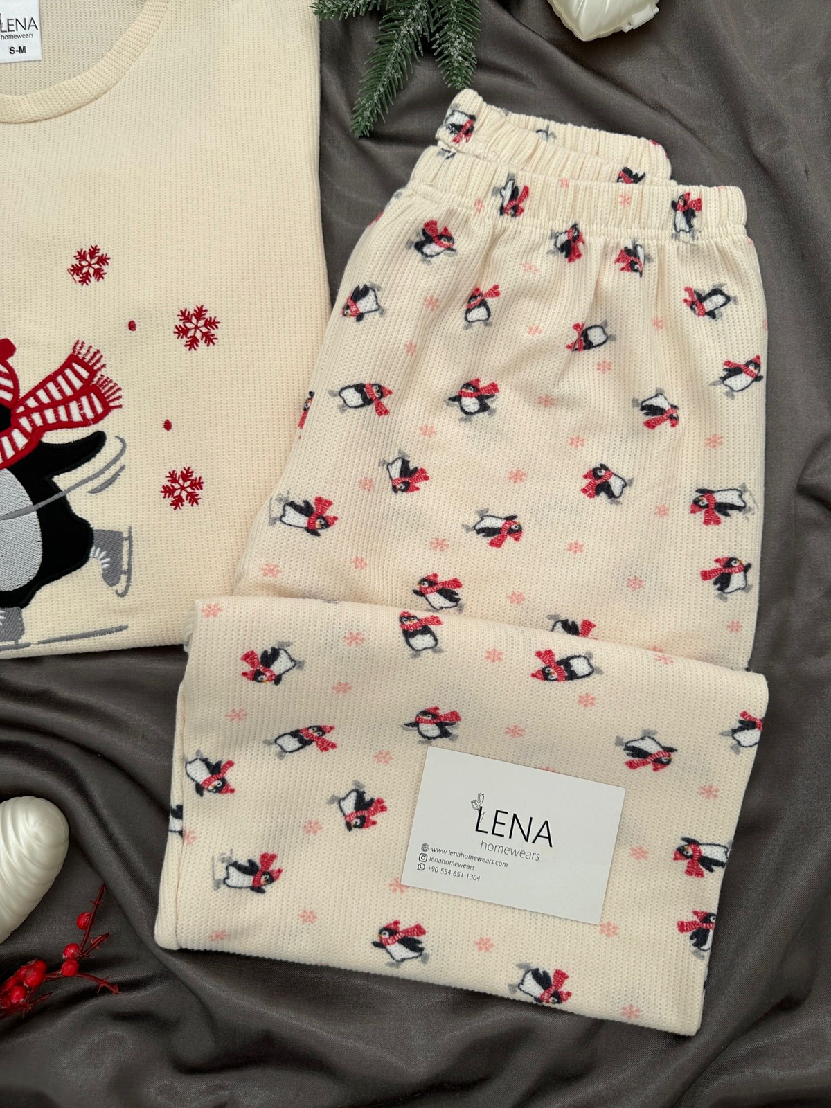 Penguen Desenli Waffle Pijama Takımı