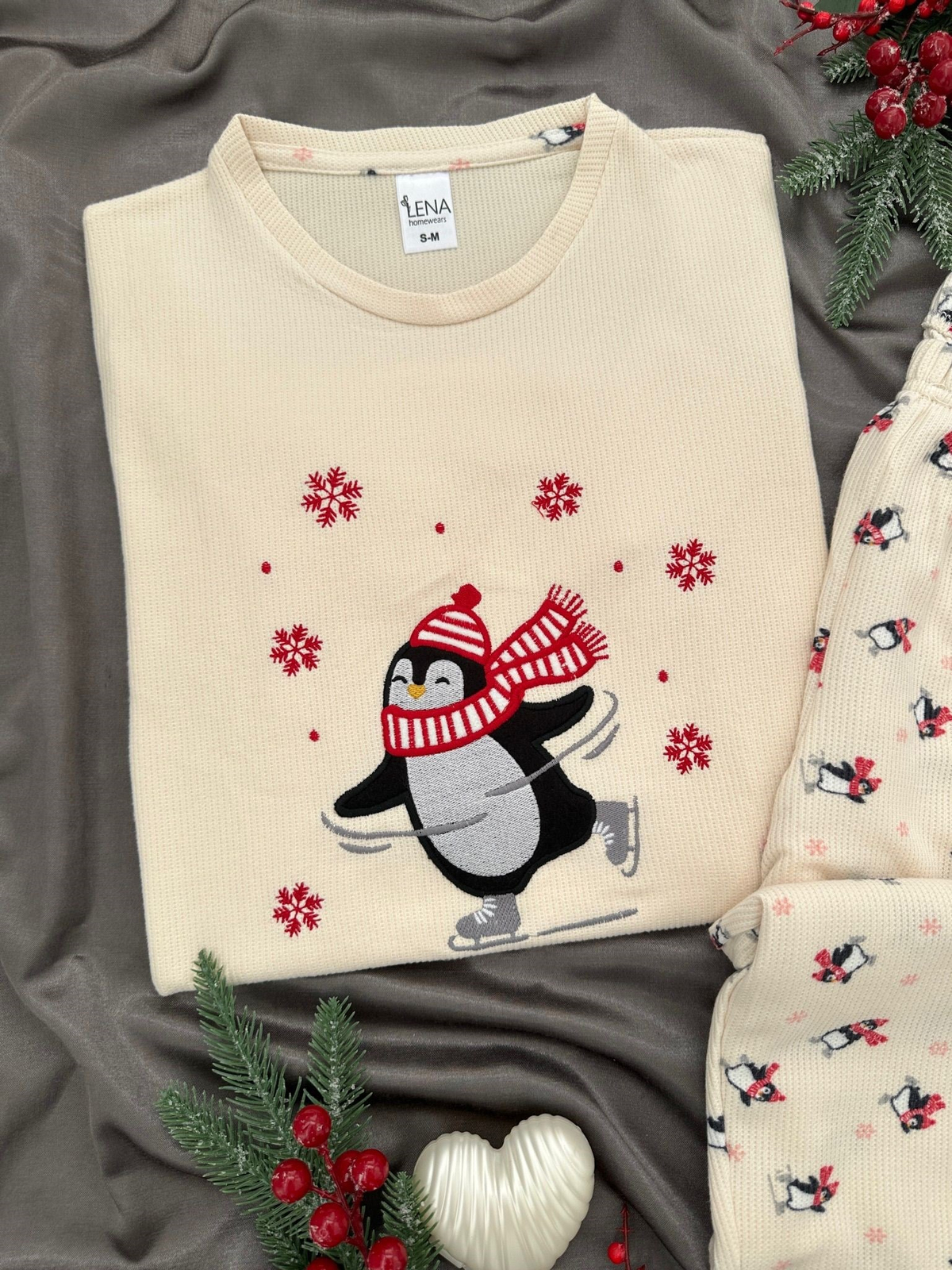 Penguen Desenli Waffle Pijama Takımı