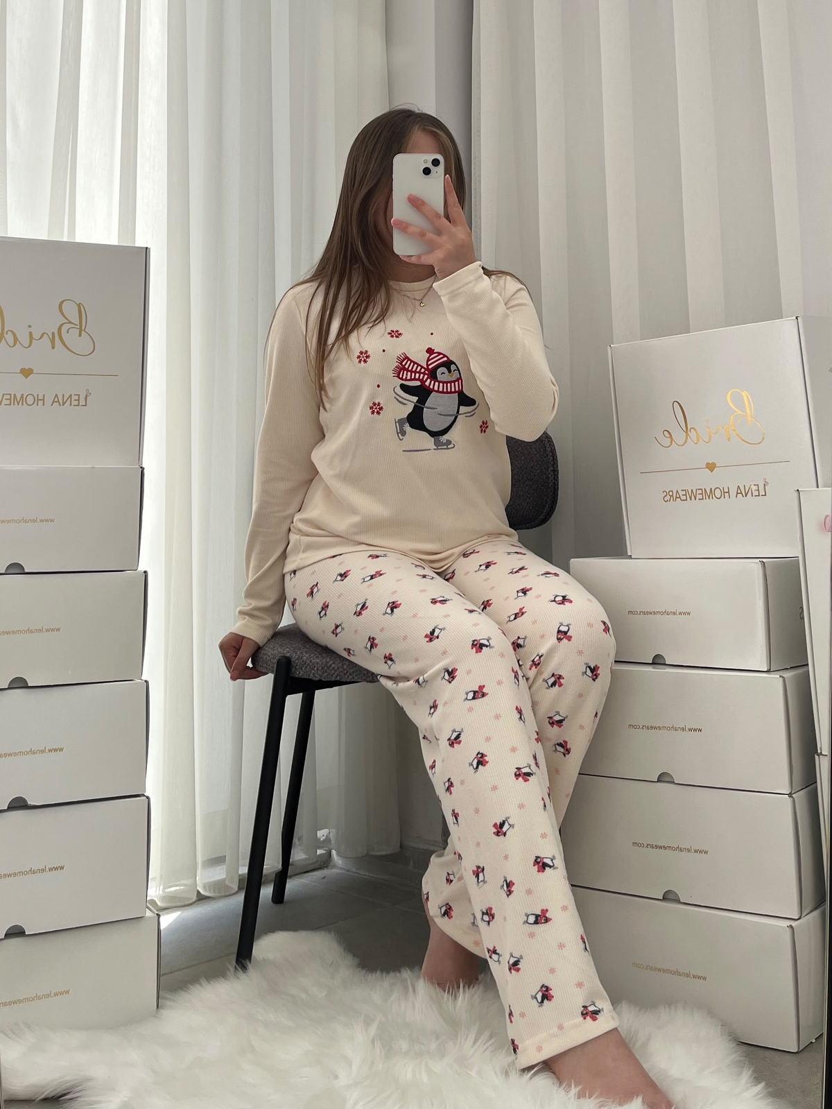 Penguen İşlemeli Waffle Pijama Takımı