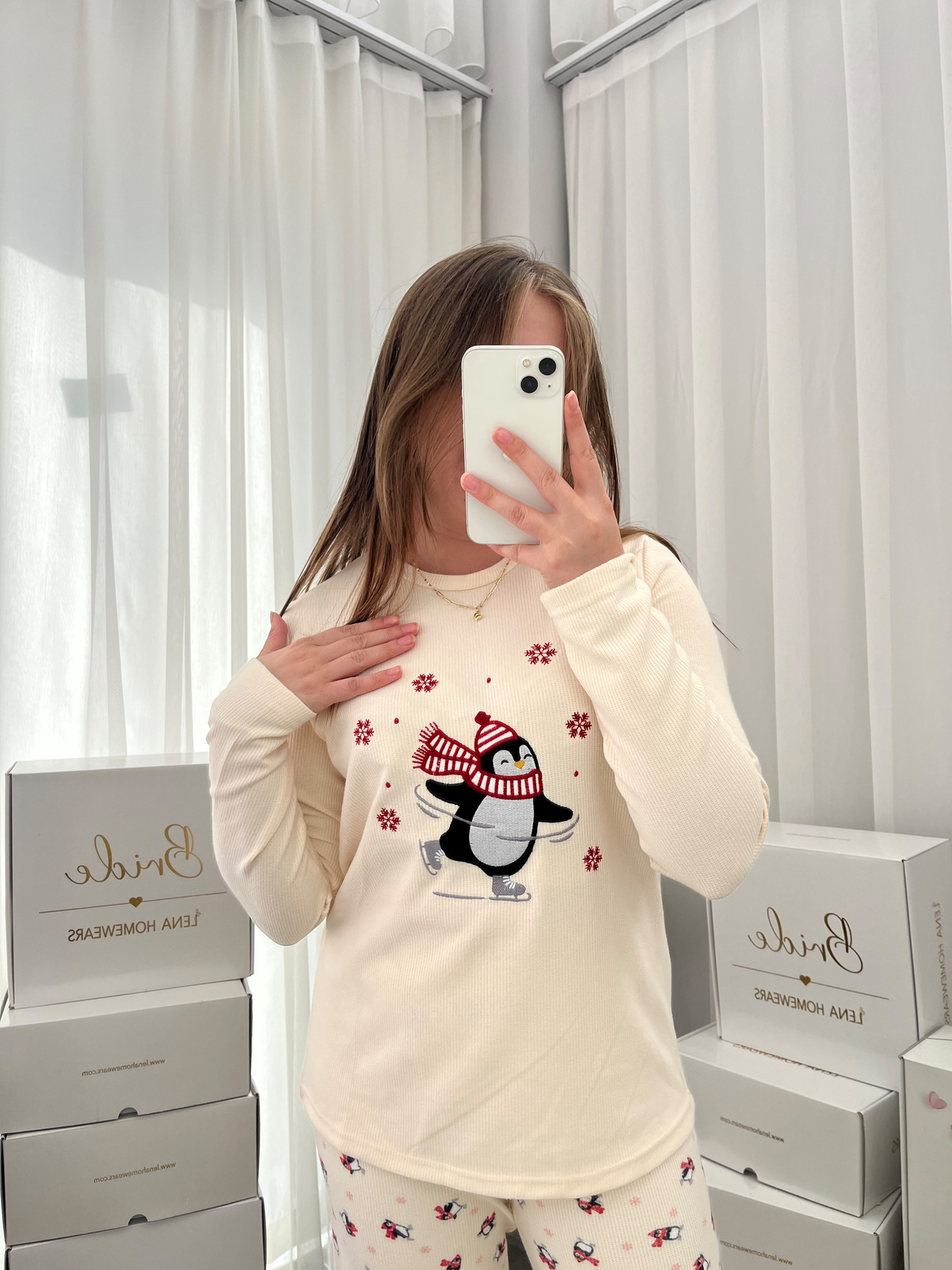 Penguen İşlemeli Waffle Pijama Takımı