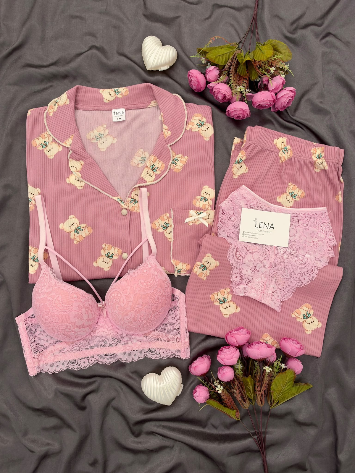 Pudra Ayıcık Uzun Kollu Termosoft 4'lü Pijama Takımı