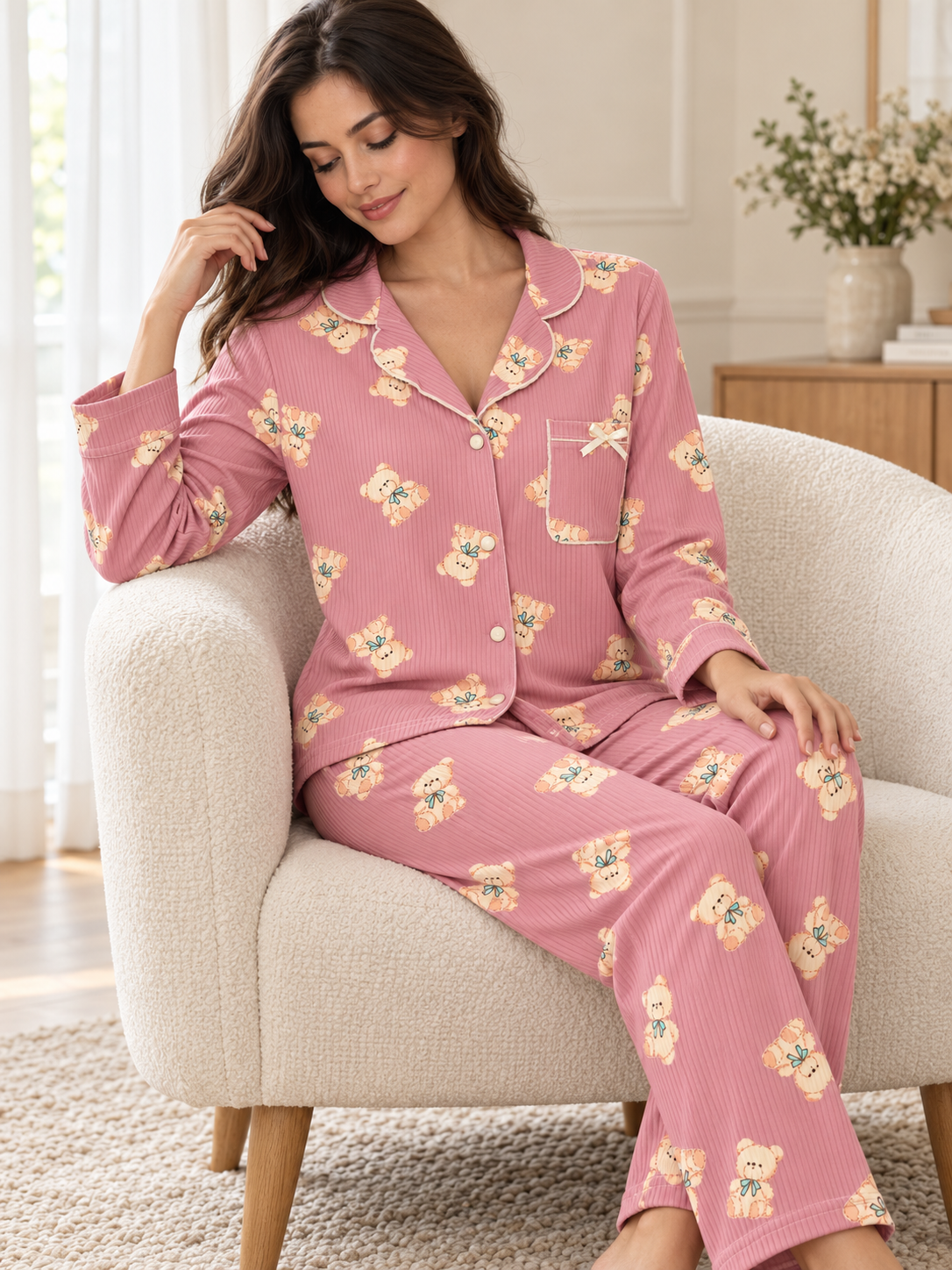 Pudra Ayıcık Uzun Kollu Termosoft 4'lü Pijama Takımı