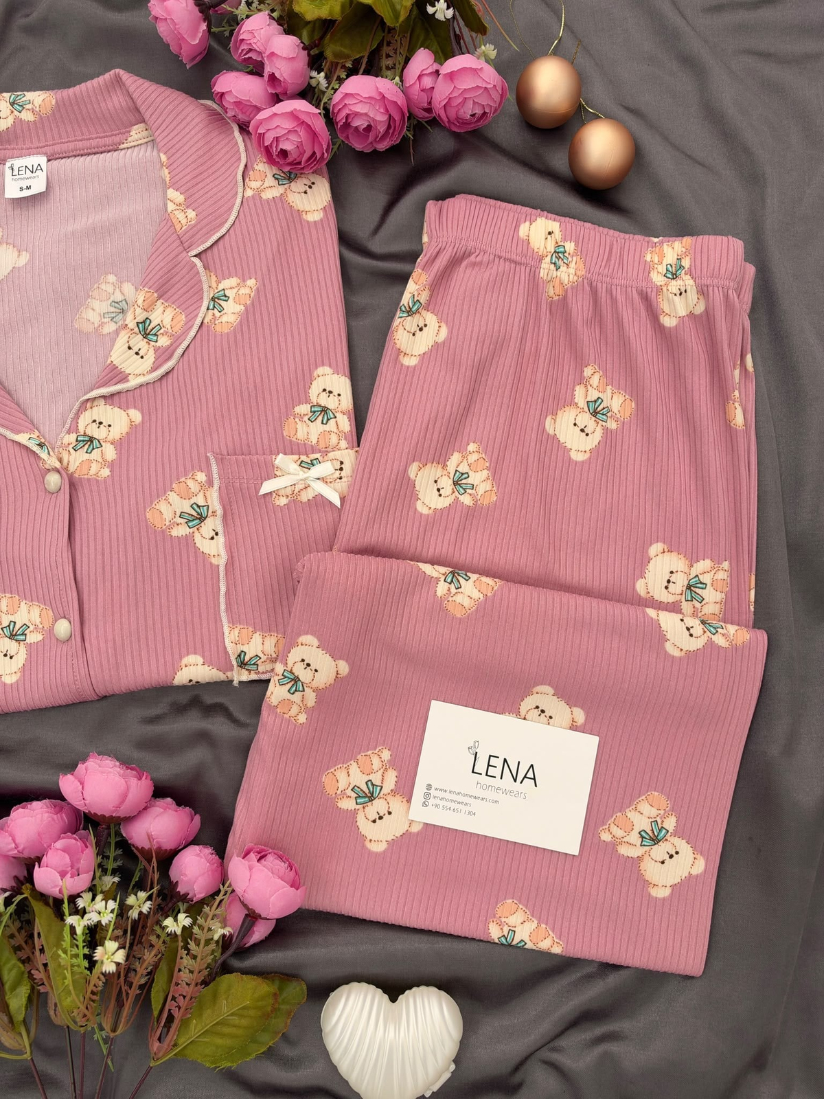Pudra Ayıcık Uzun Kollu Termosoft Pijama Takımı