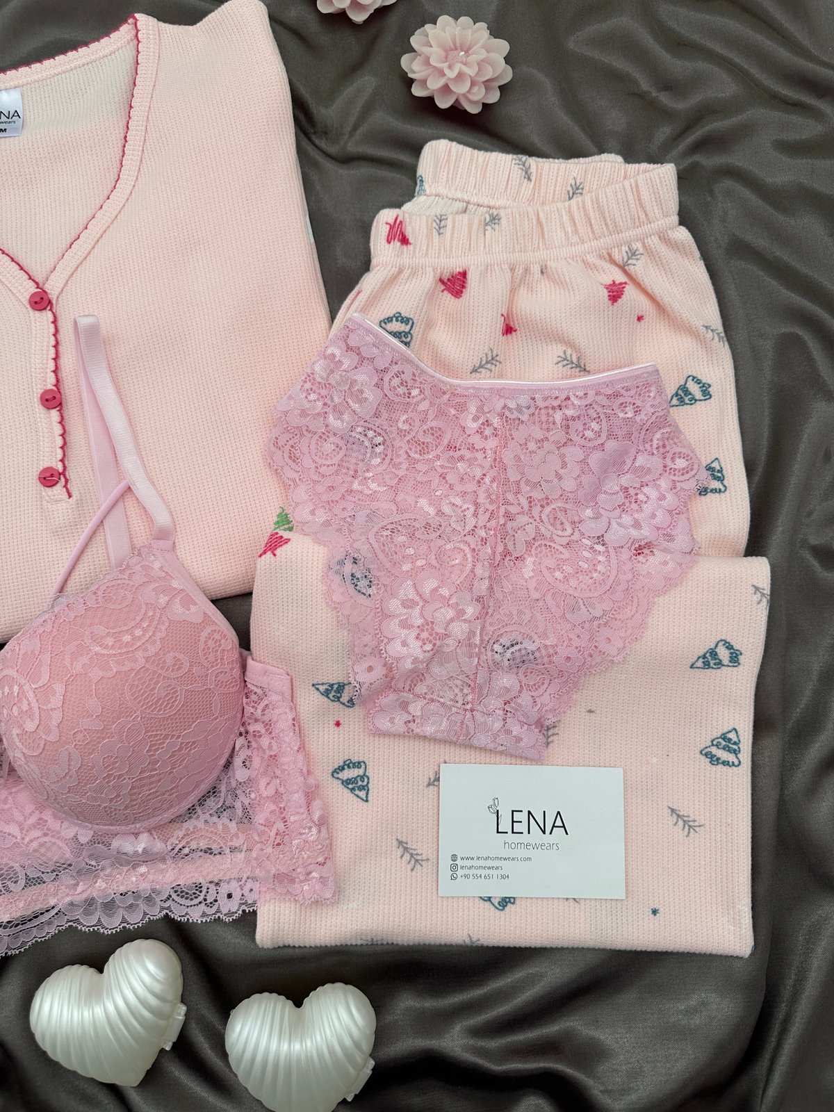 Pudra Kayak Desenli 4'lü Patlı Waffle Pijama Takımı