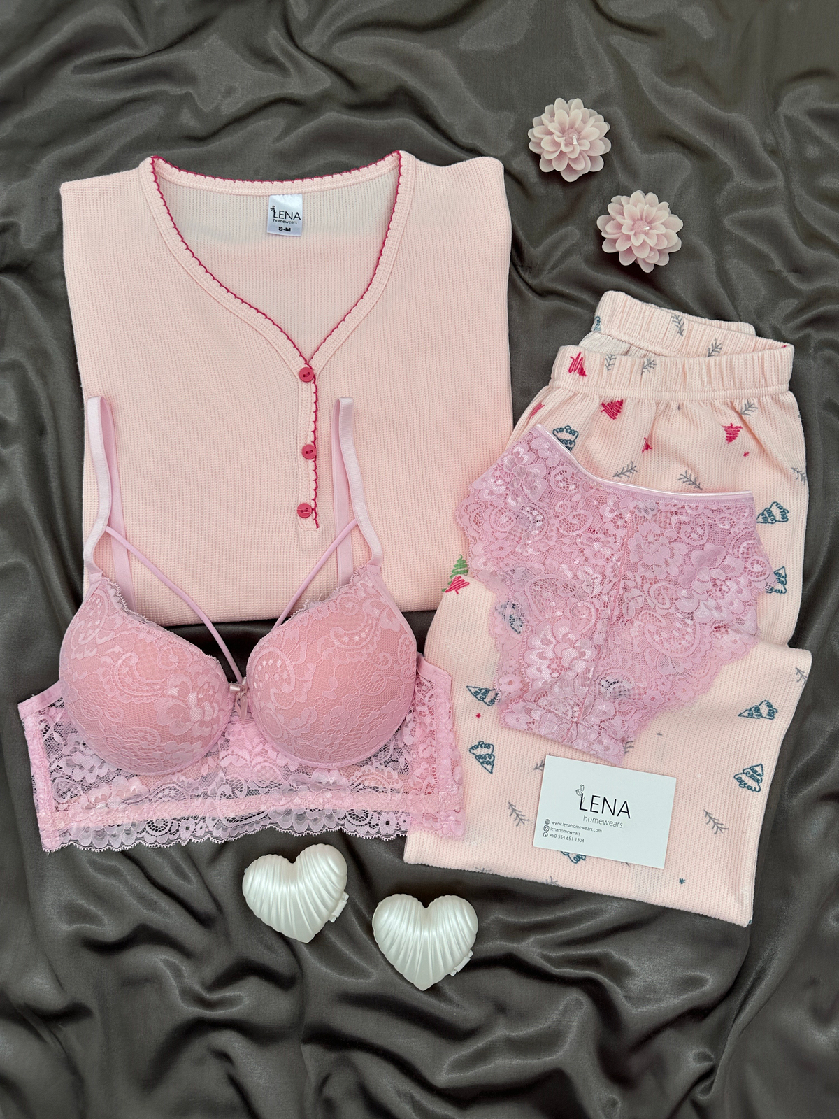 Pudra Kayak Desenli 4'lü Patlı Waffle Pijama Takımı