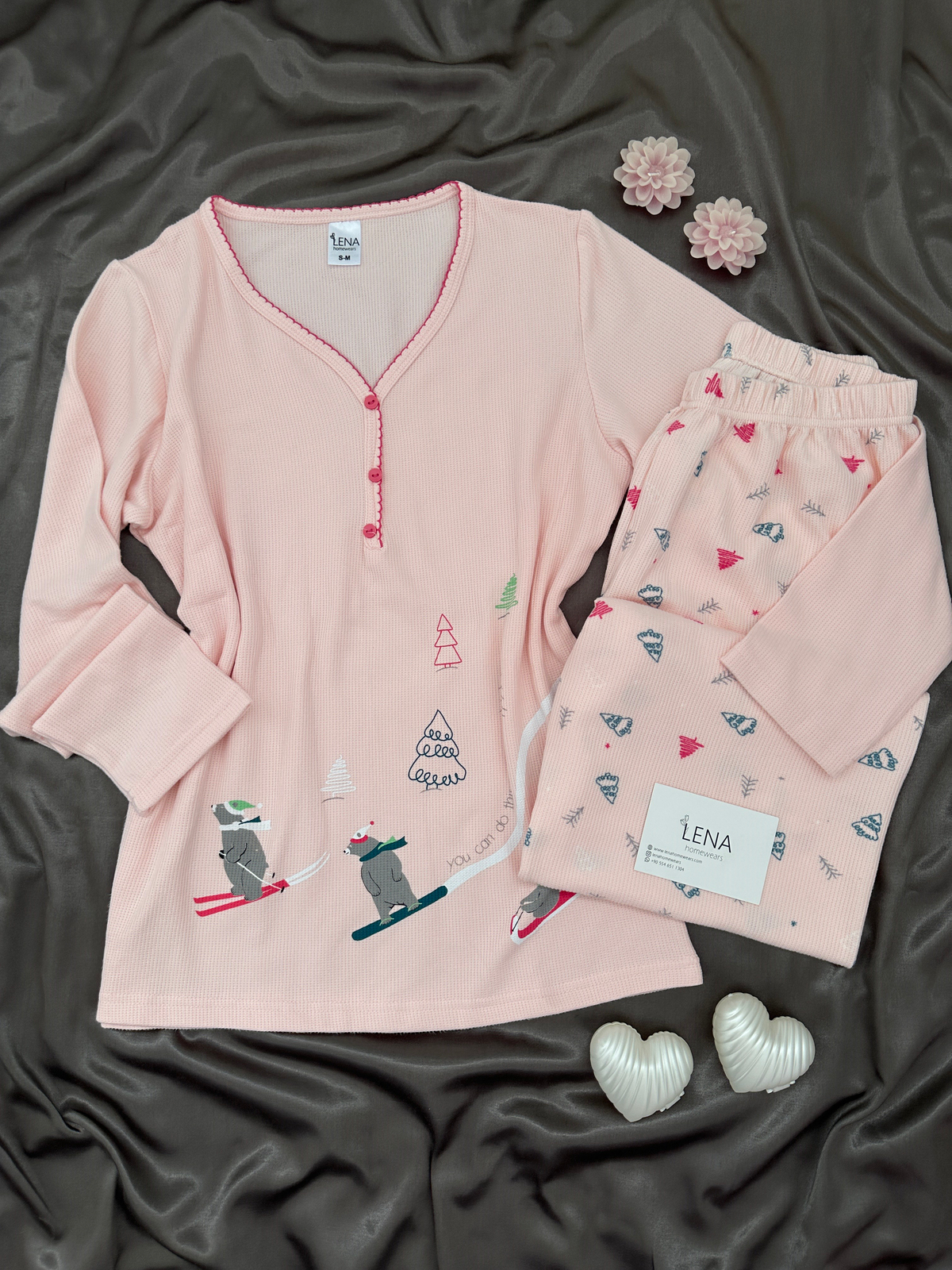 Pudra Kayak Desenli Patlı Waffle Pijama Takımı