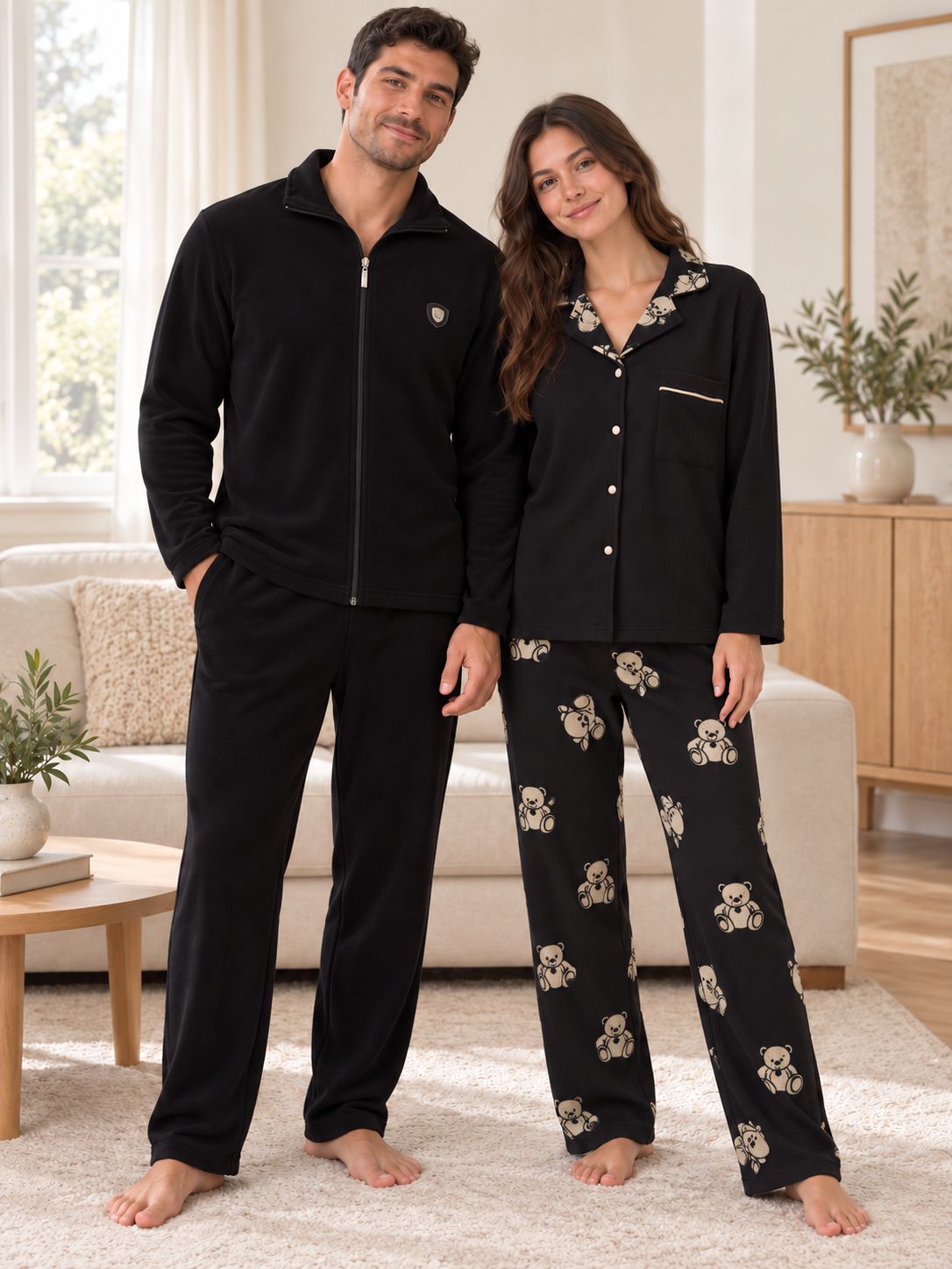 Siyah Ayıcık & Boydan Fermuarlı Sevgili Çift Uzun Kollu Pijama Takımı (2'Lİ SET)