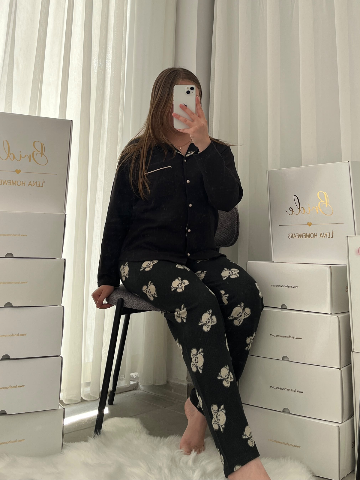 Siyah Ayıcık Desenli Düğmeli Waffle Pijama Takımı