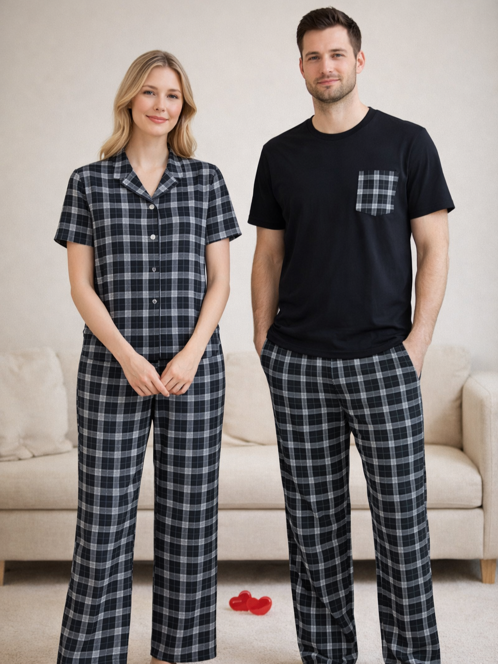 Siyah & Beyaz Ekose Çift Pijama Seti