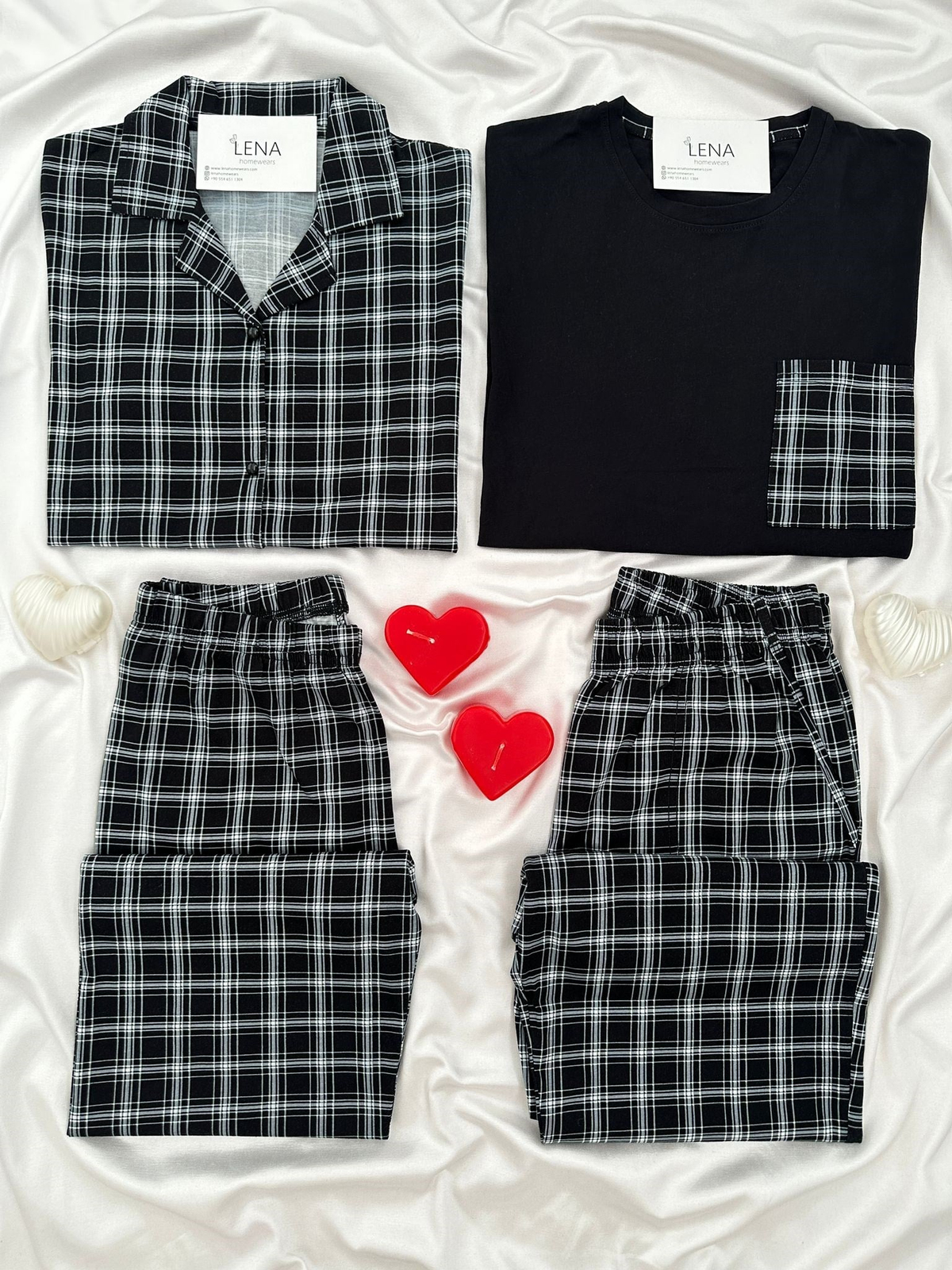 Siyah & Beyaz Ekose Çift Pijama Seti