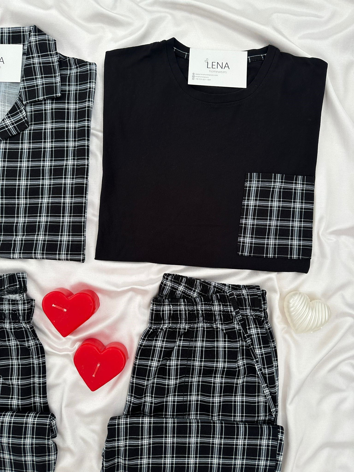 Siyah & Beyaz Ekose Çift Pijama Seti