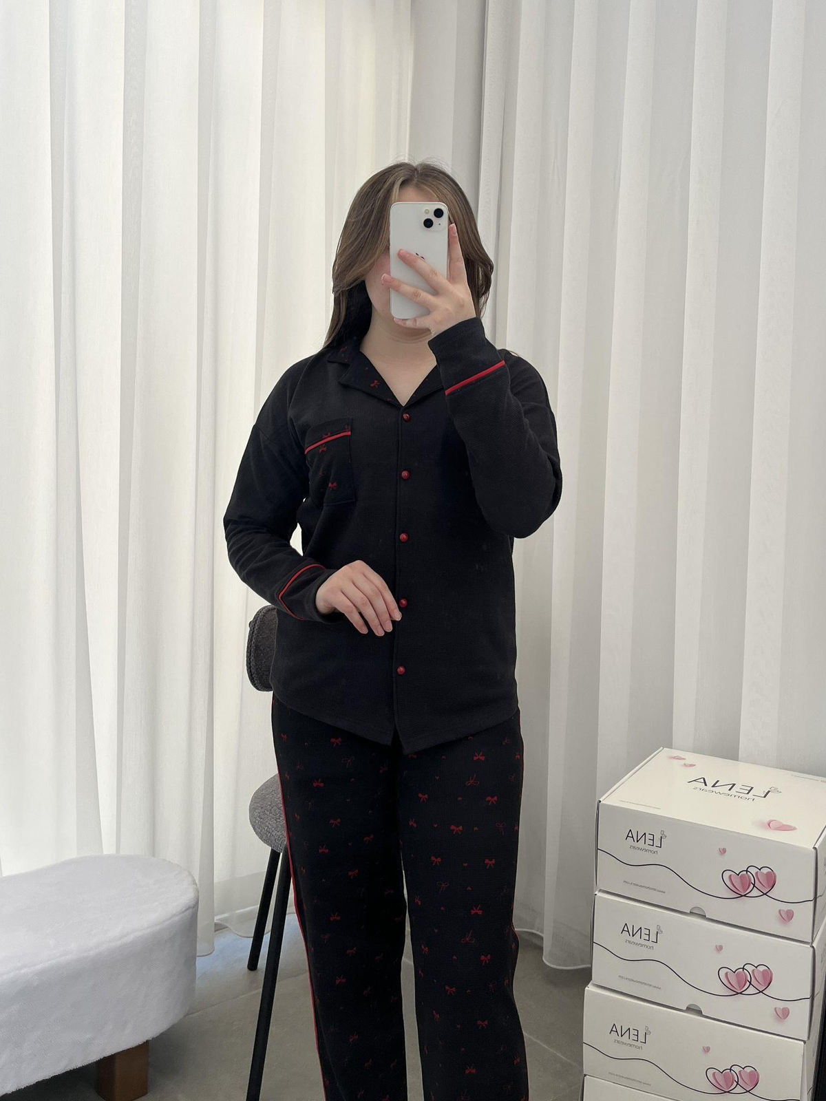 Siyah Fiyonklu Dantel Şeritli Dörtlü Pijama Seti