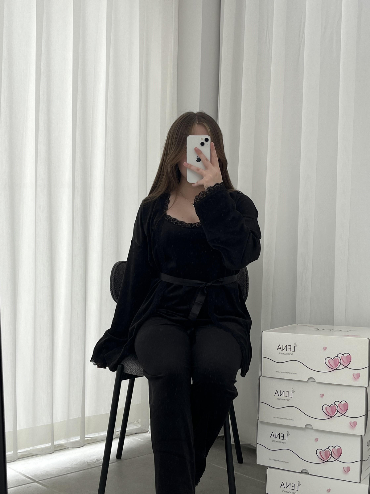 Siyah Kadife Sabahlıklı 5’li Pijama Set