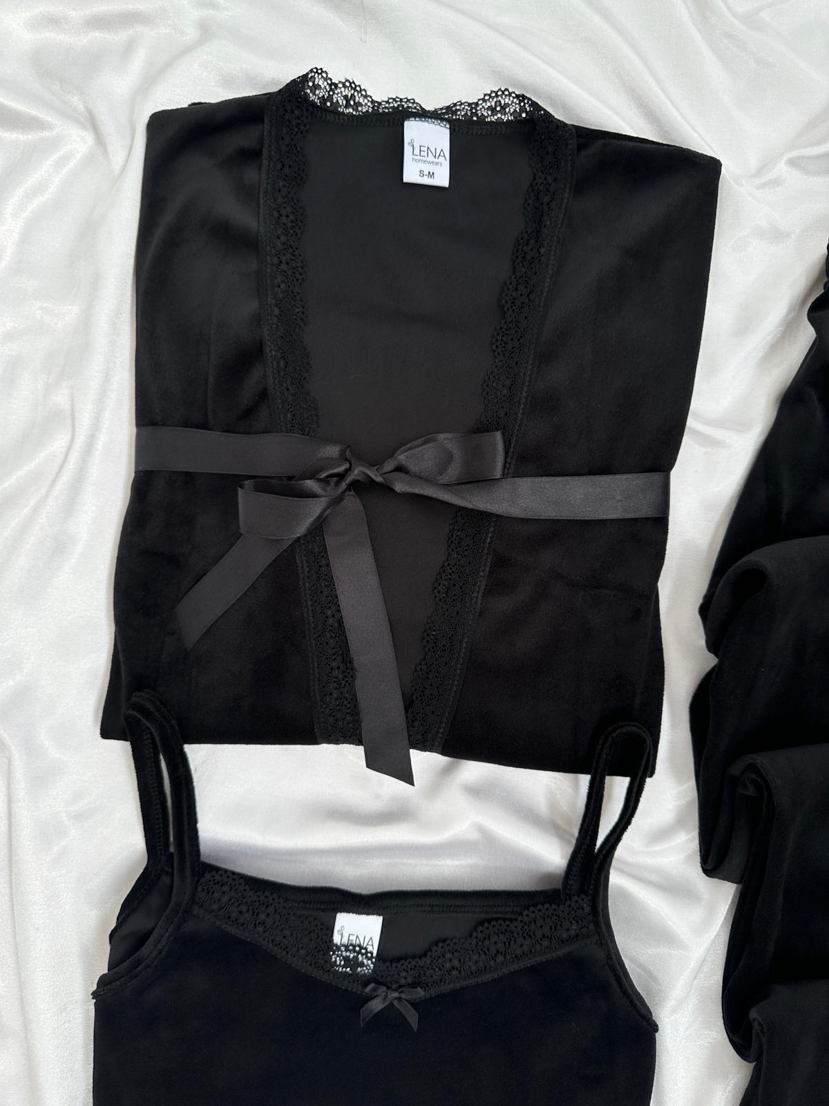 Siyah Kadife Sabahlıklı 5’li Pijama Set