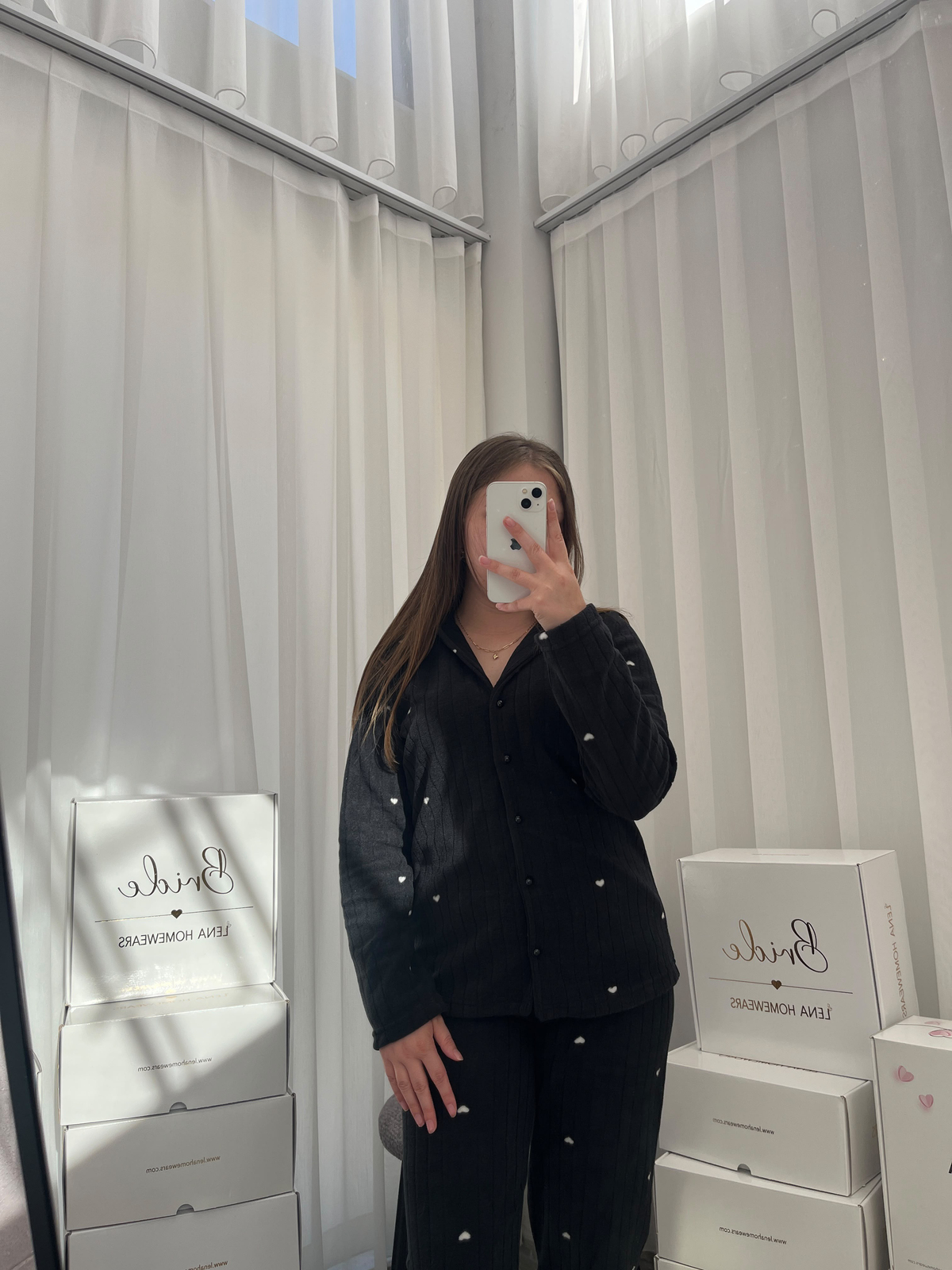 Siyah Kalp Desenli 4'lü Polar Uzun Kollu Pijama Takımı
