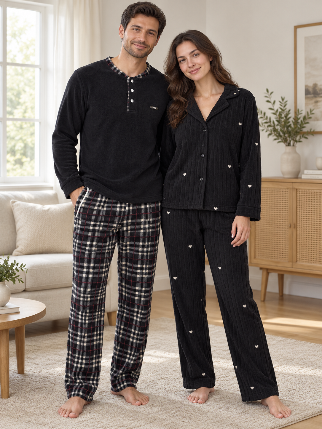 Siyah Kalp & Ekose Sevgili Çift Uzun Kollu Pijama Takımı (2'Lİ SET)