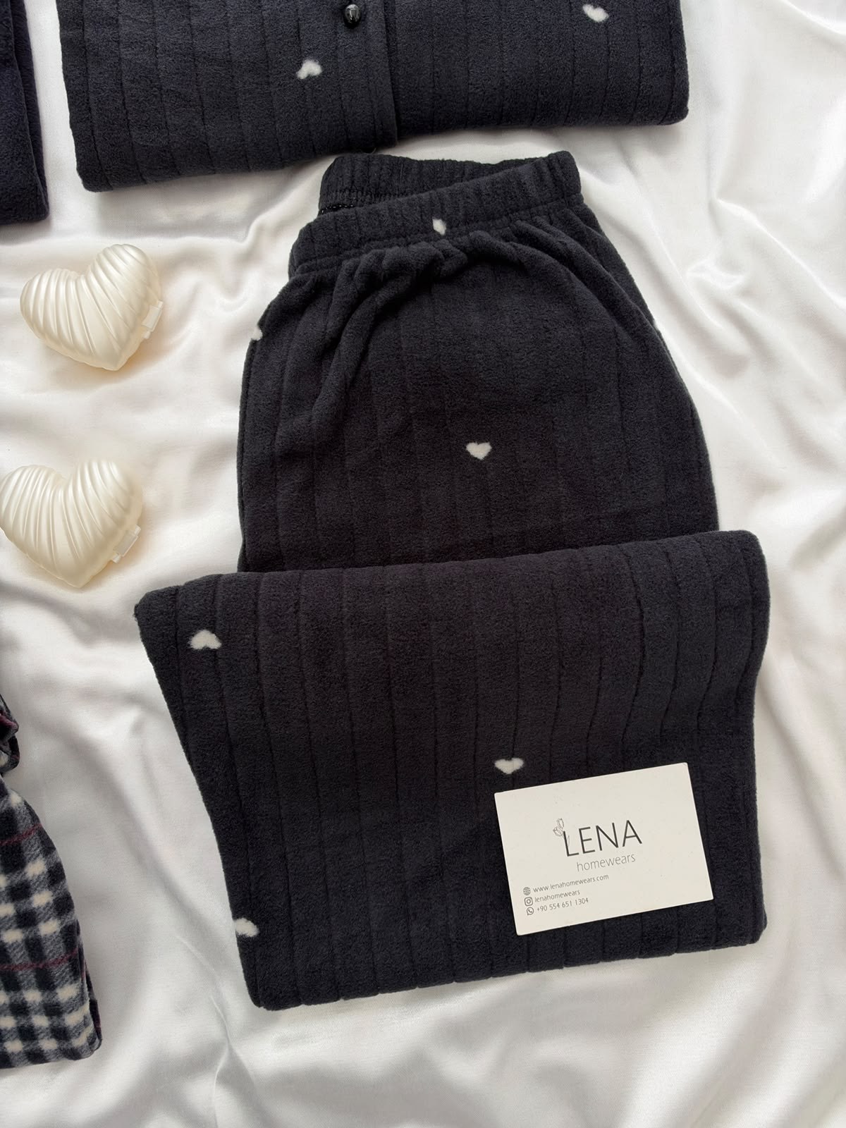 Siyah Kalp & Ekose Sevgili Çift Uzun Kollu Pijama Takımı (2'Lİ SET)