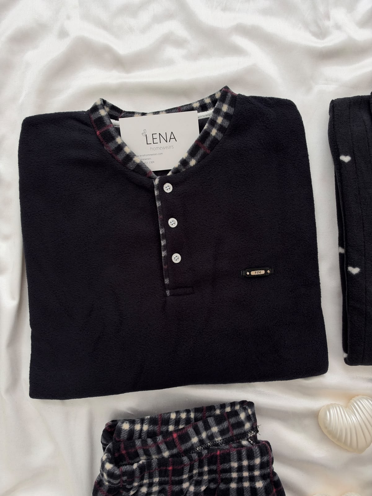 Siyah Kalp & Ekose Sevgili Çift Uzun Kollu Pijama Takımı (2'Lİ SET)