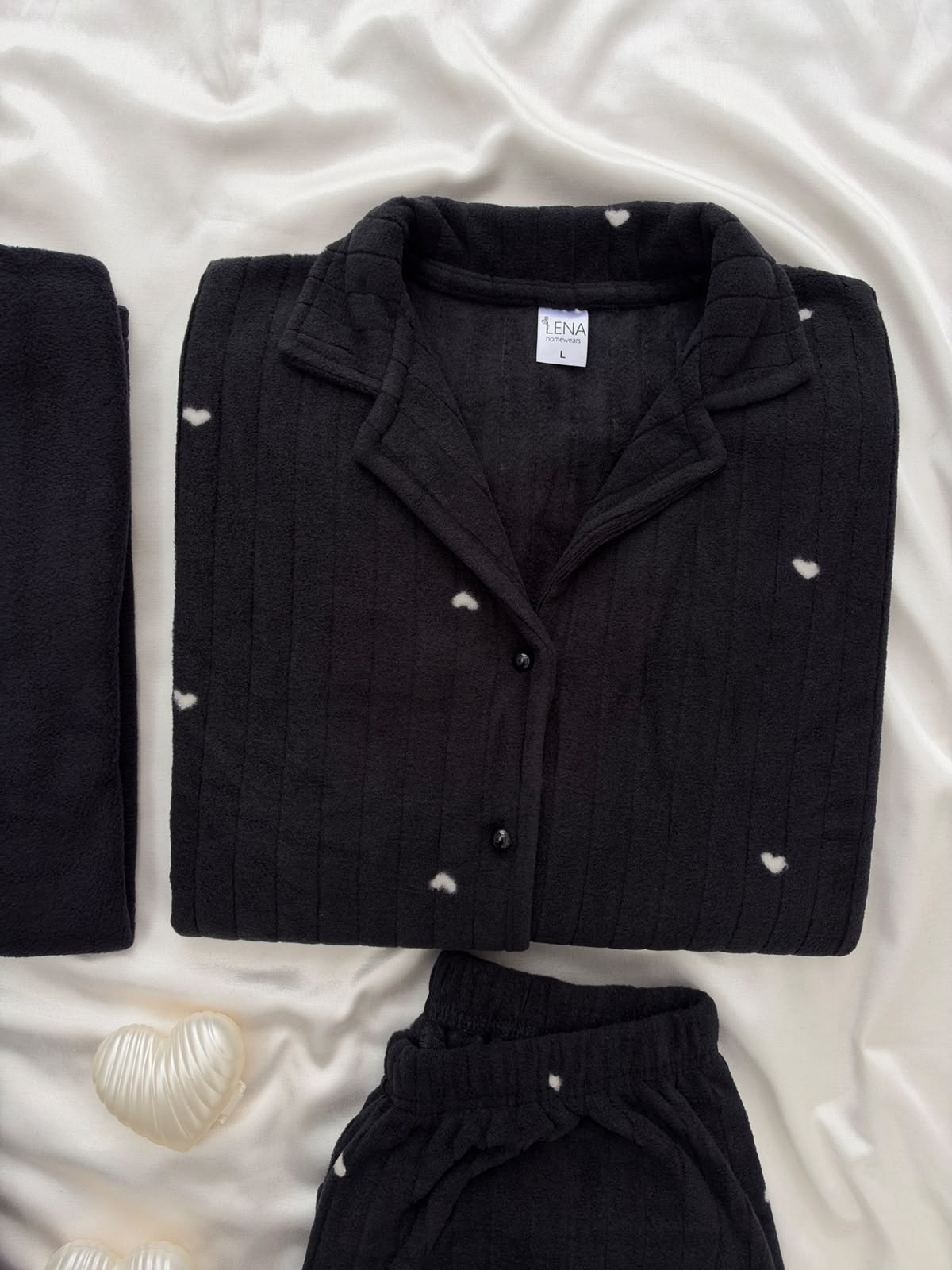 Siyah Kalp & Ekose Sevgili Çift Uzun Kollu Pijama Takımı (2'Lİ SET)