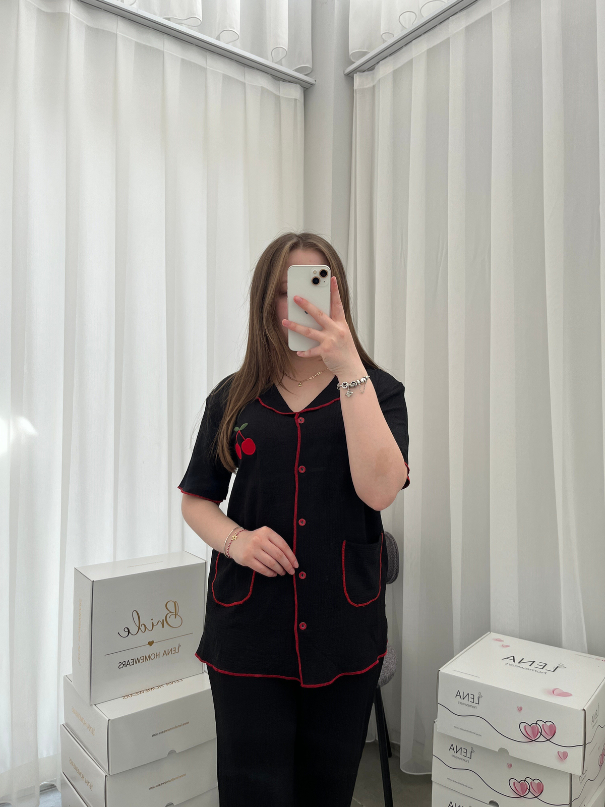 Siyah Kiraz İşlemeli Bürümcük Dörtlü Pijama Takımı🍒