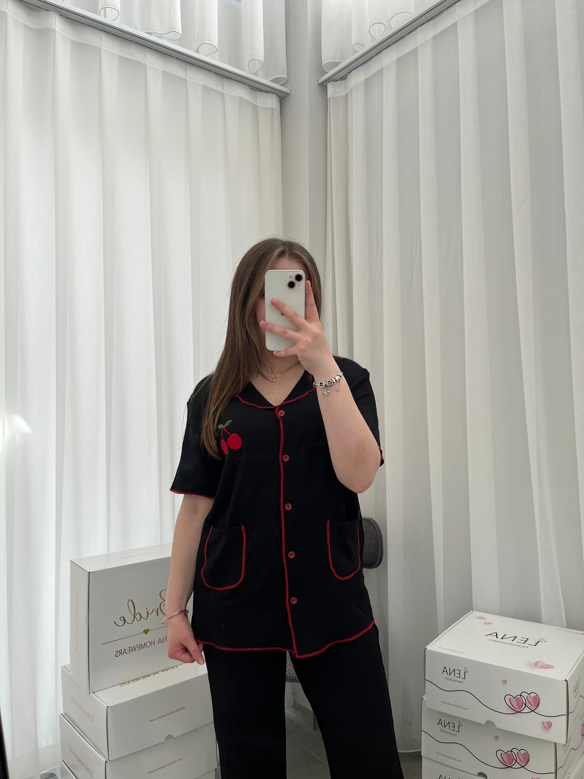 Siyah Kiraz İşlemeli Bürümcük Dörtlü Pijama Takımı🍒