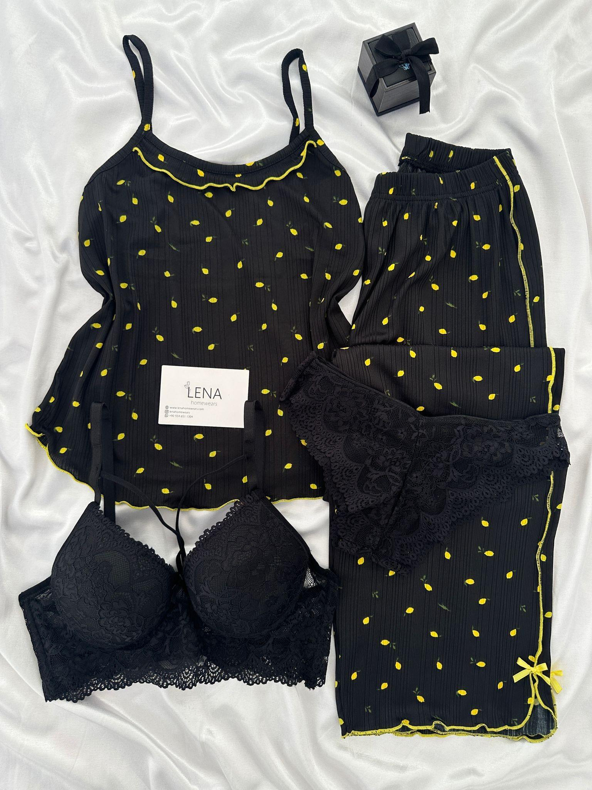 Siyah Limon Dörtlü Askılı Pijama Takımı 