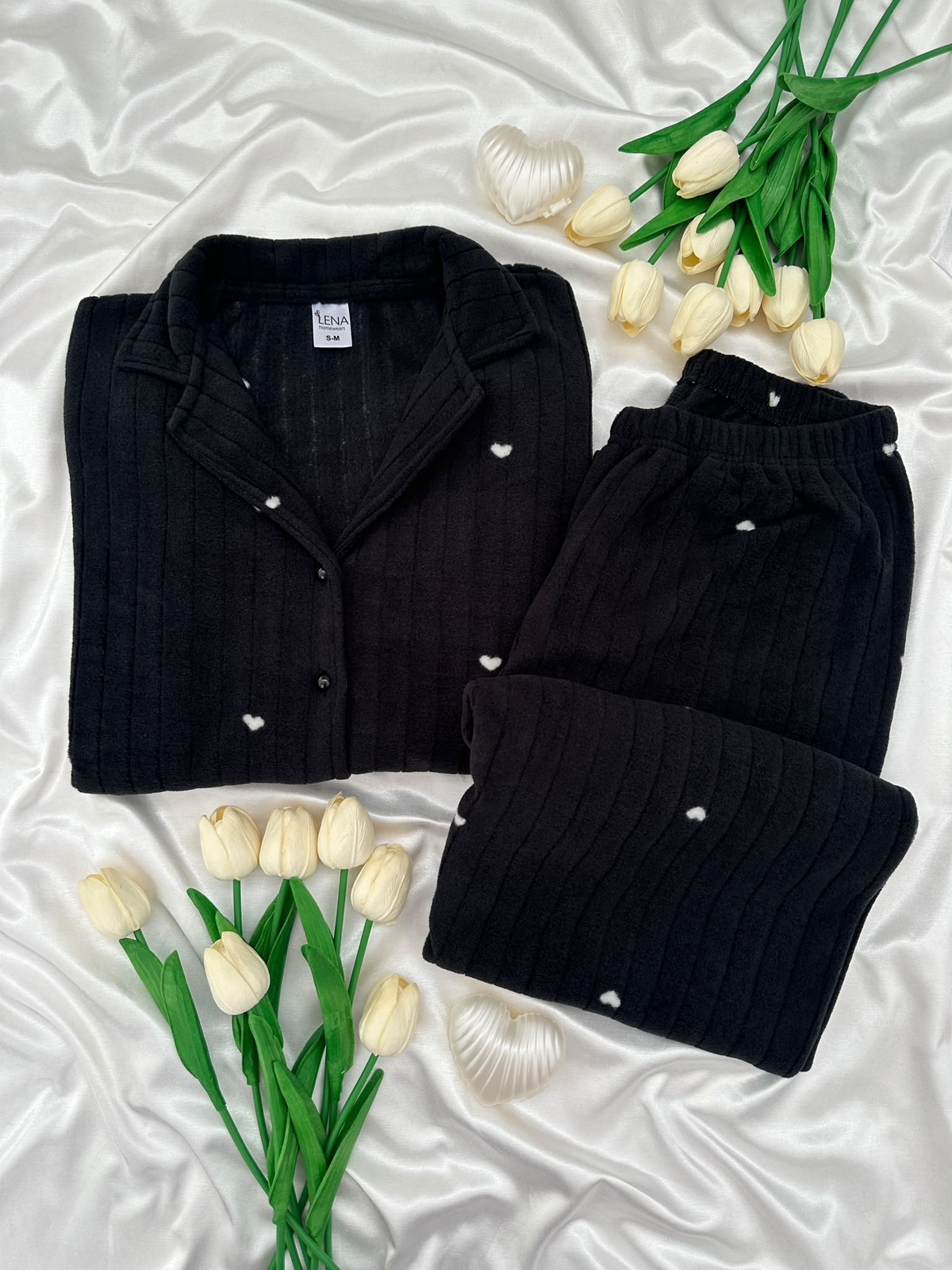 Siyah Pretty Uzun Kollu Polar Pijama Takımı