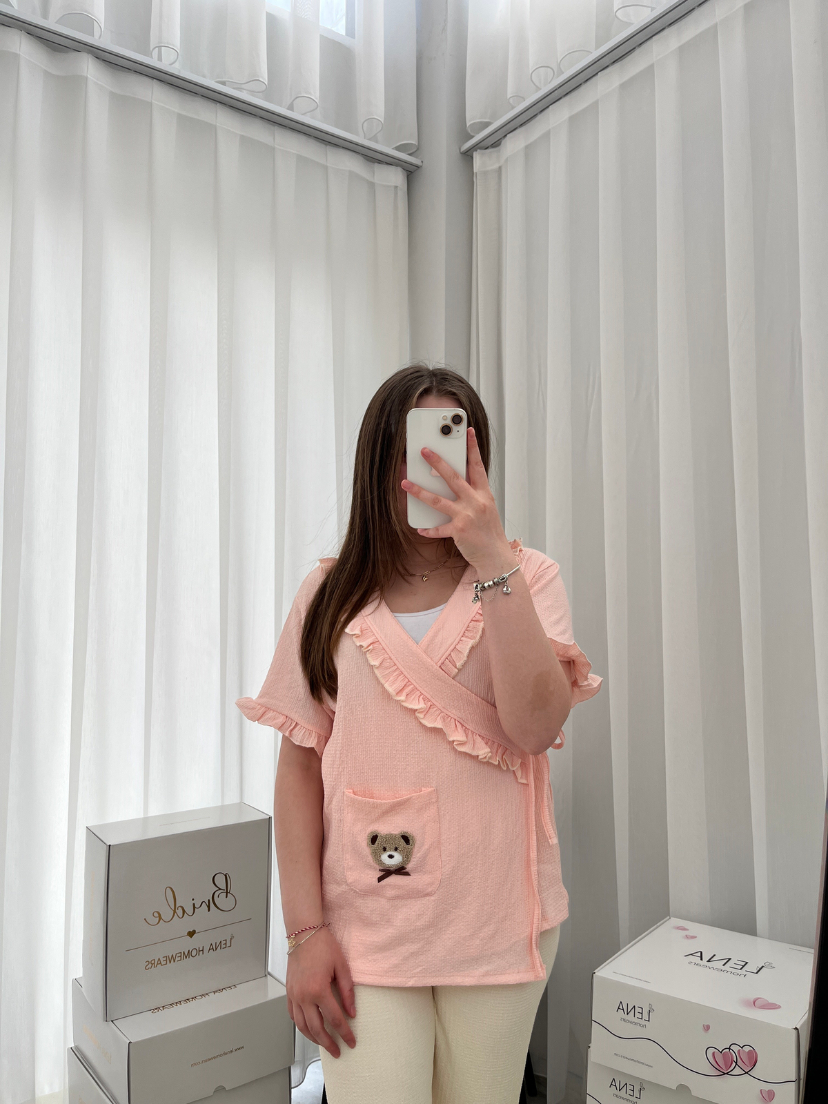 Somon Ayıcık İşlemeli Bürümcük Sabahlık Pijama Takımı