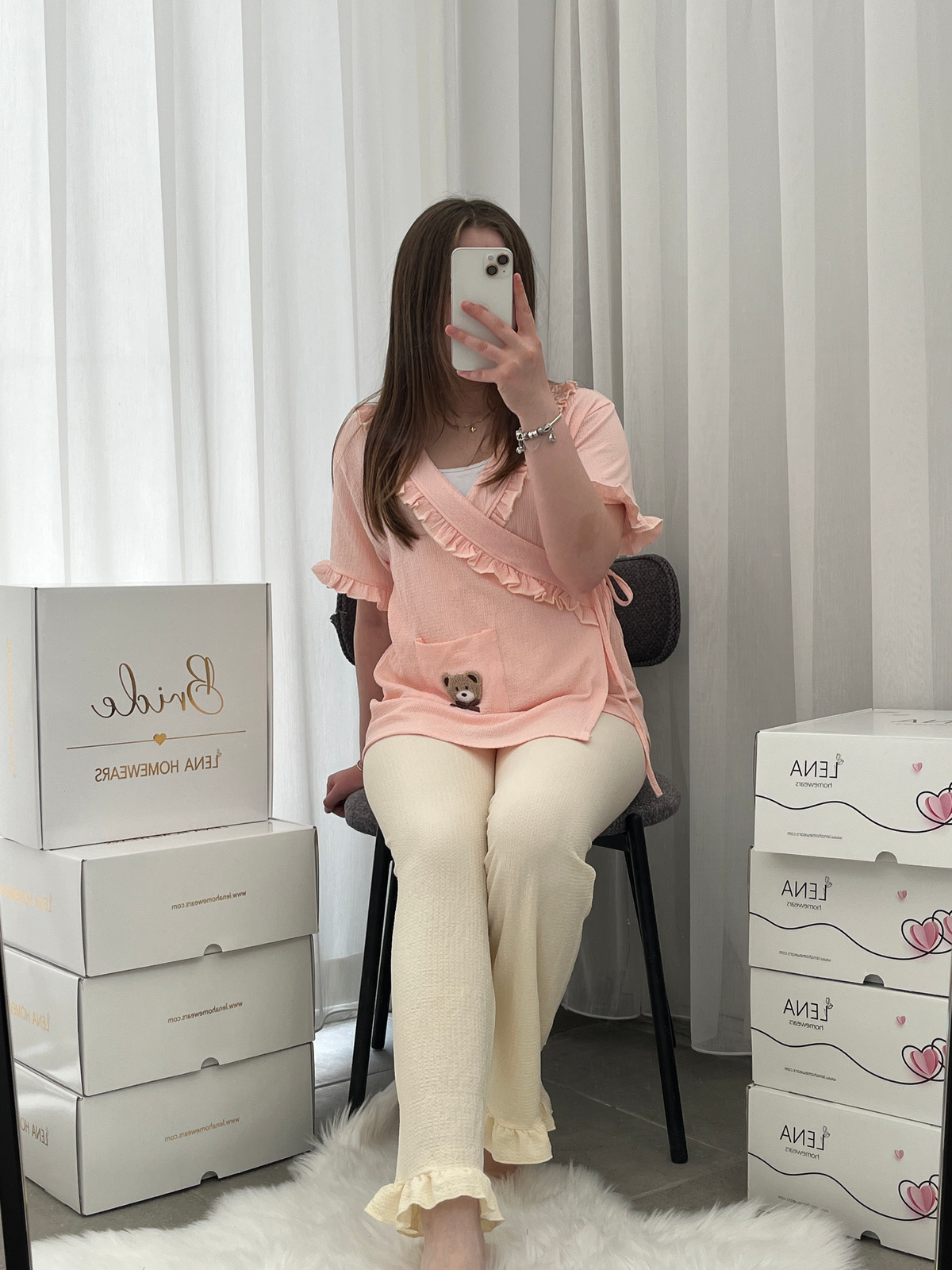 Somon Ayıcık İşlemeli Bürümcük Sabahlık Pijama Takımı