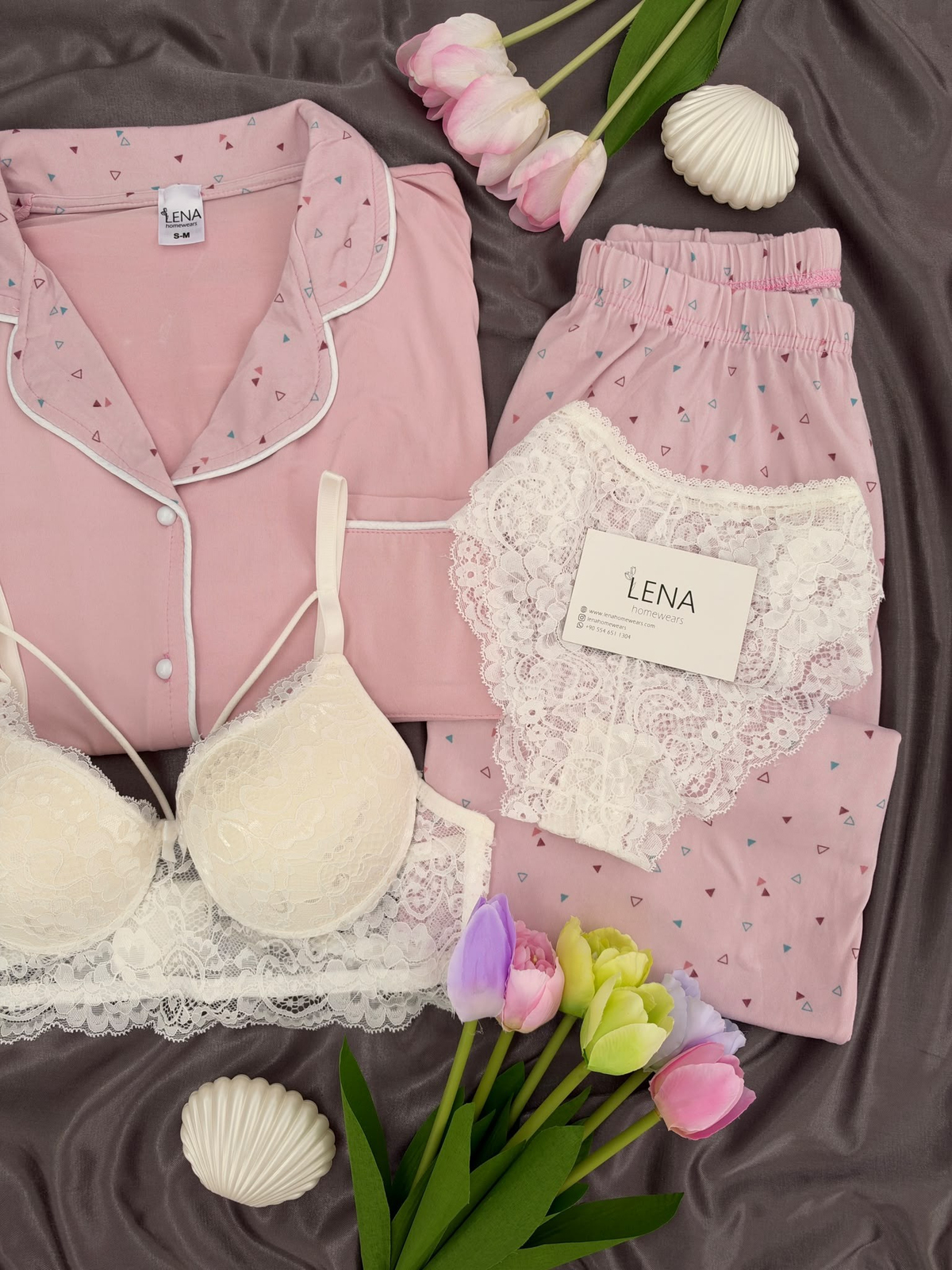 Üçgen Desenli Pembe Milan Uzun Kollu 4'lü Pijama Takımı